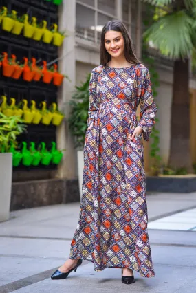 Abstract Multicolor Maternity & Nursing Maxi Dress