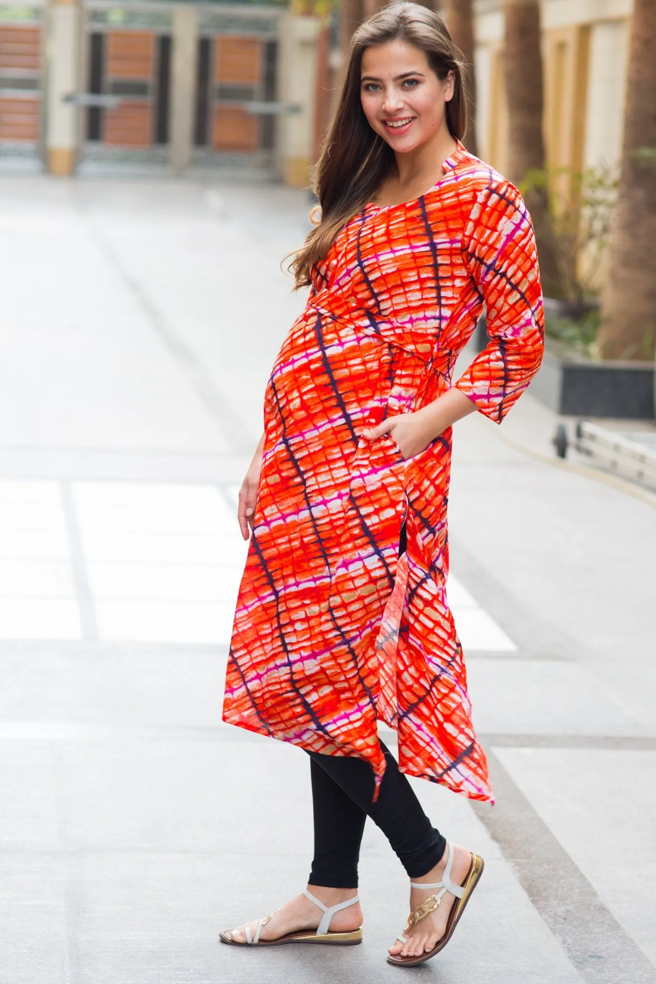 Abstract Saffron Cotton Maternity & Nursing Kurta