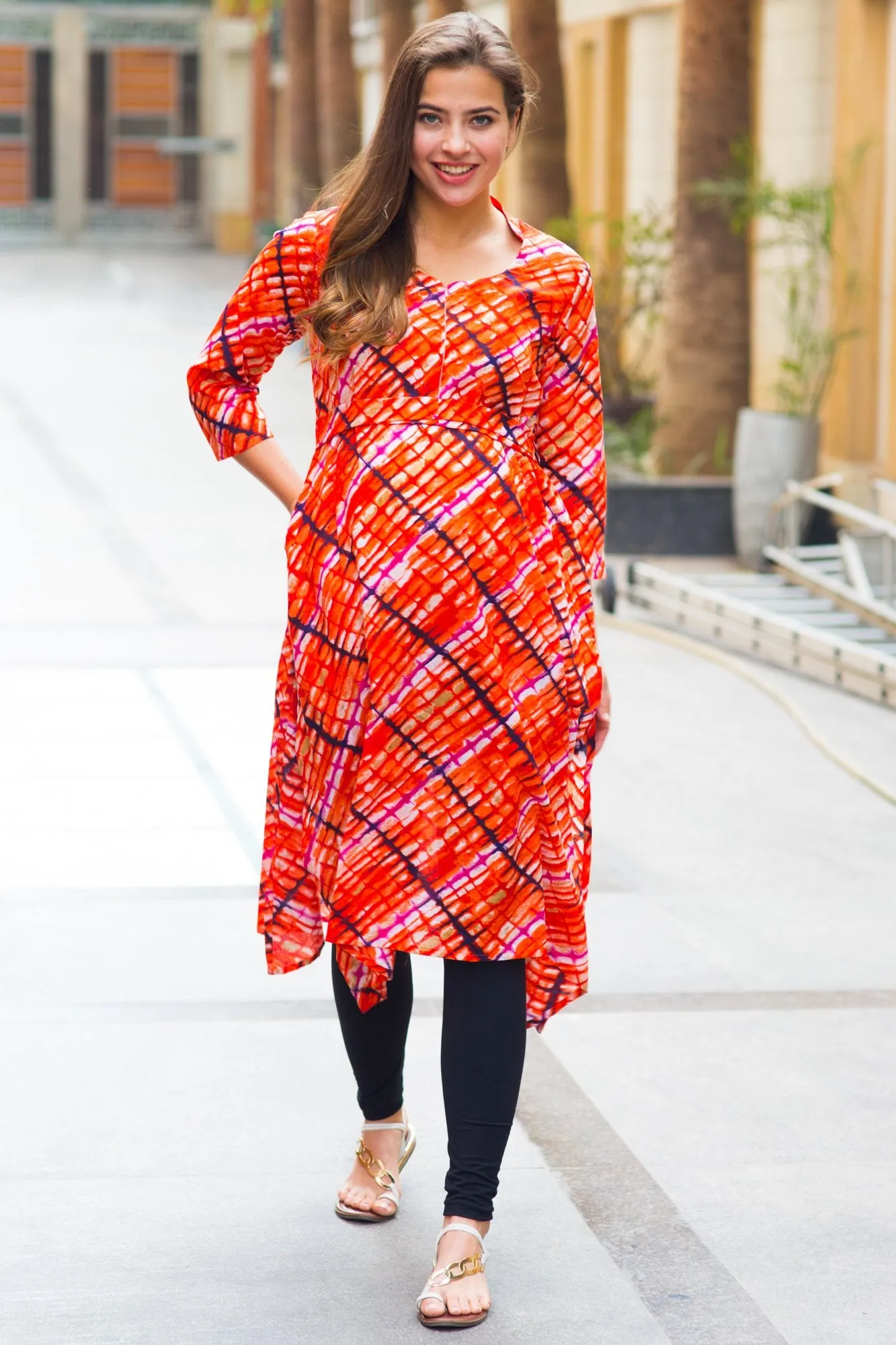 Abstract Saffron Cotton Maternity & Nursing Kurta