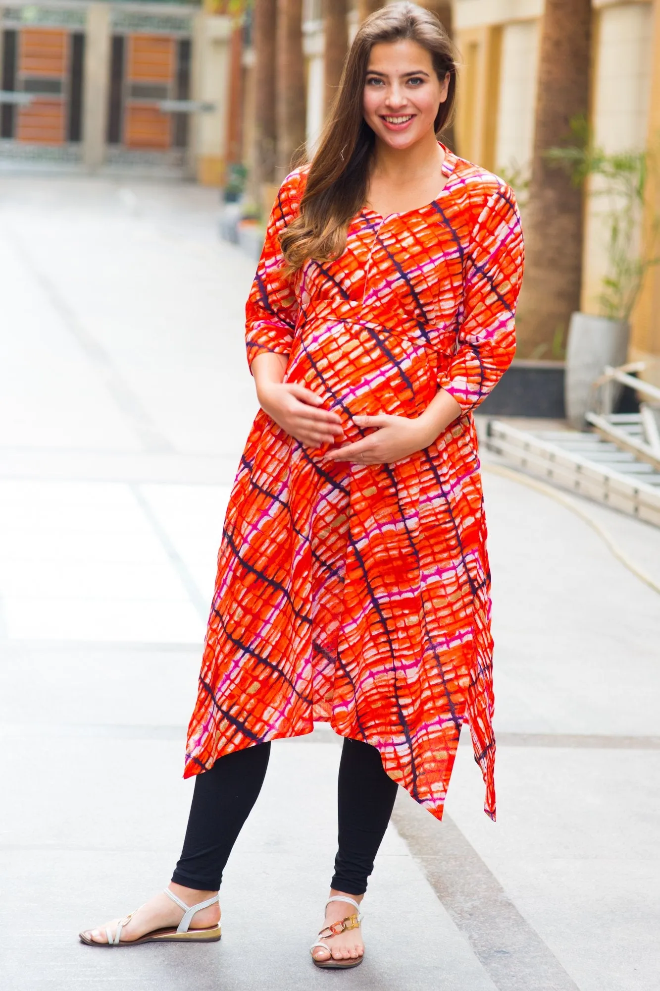 Abstract Saffron Cotton Maternity & Nursing Kurta