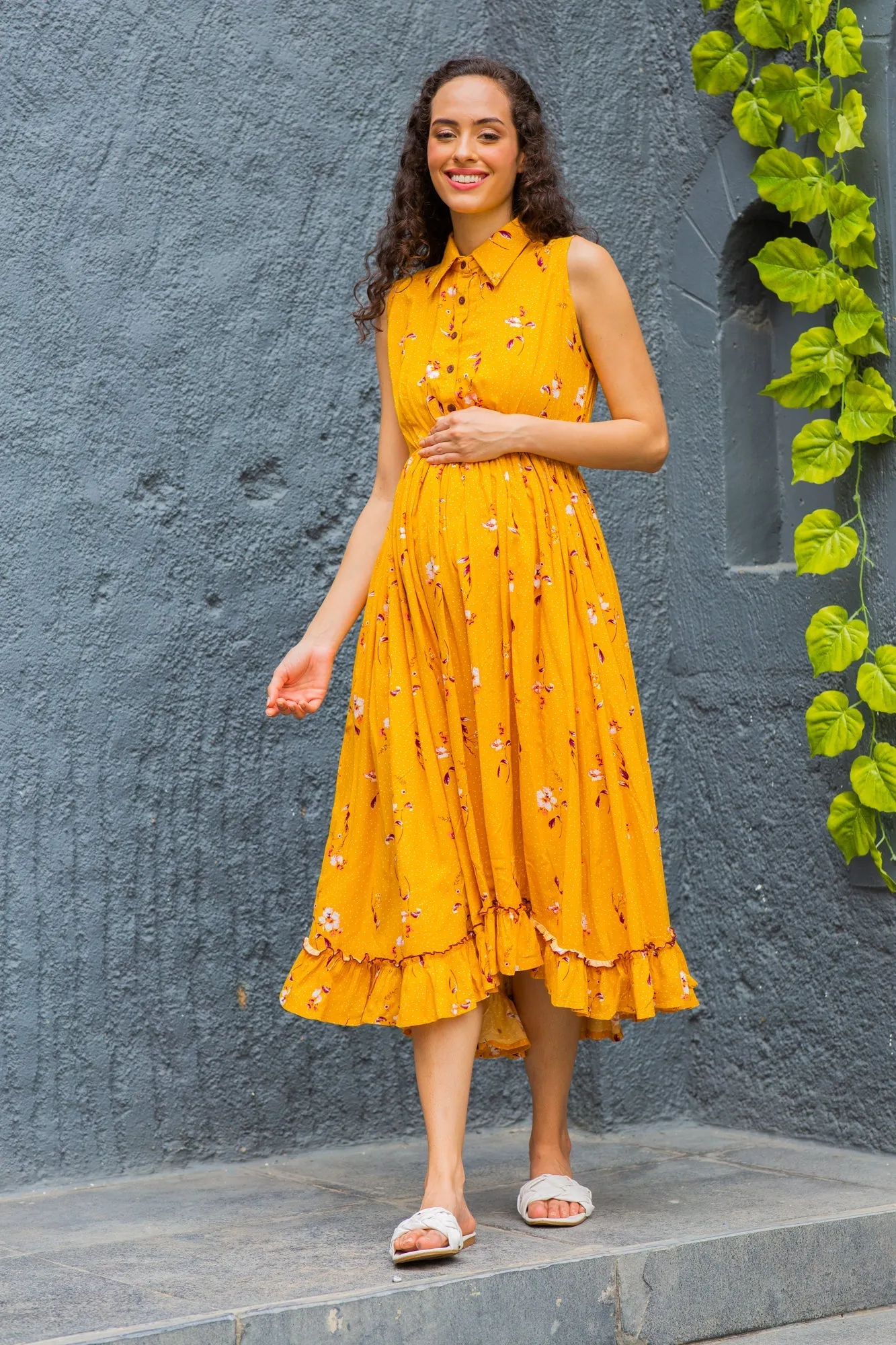 Adorable Marigold Maternity & Nursing Frill Dress