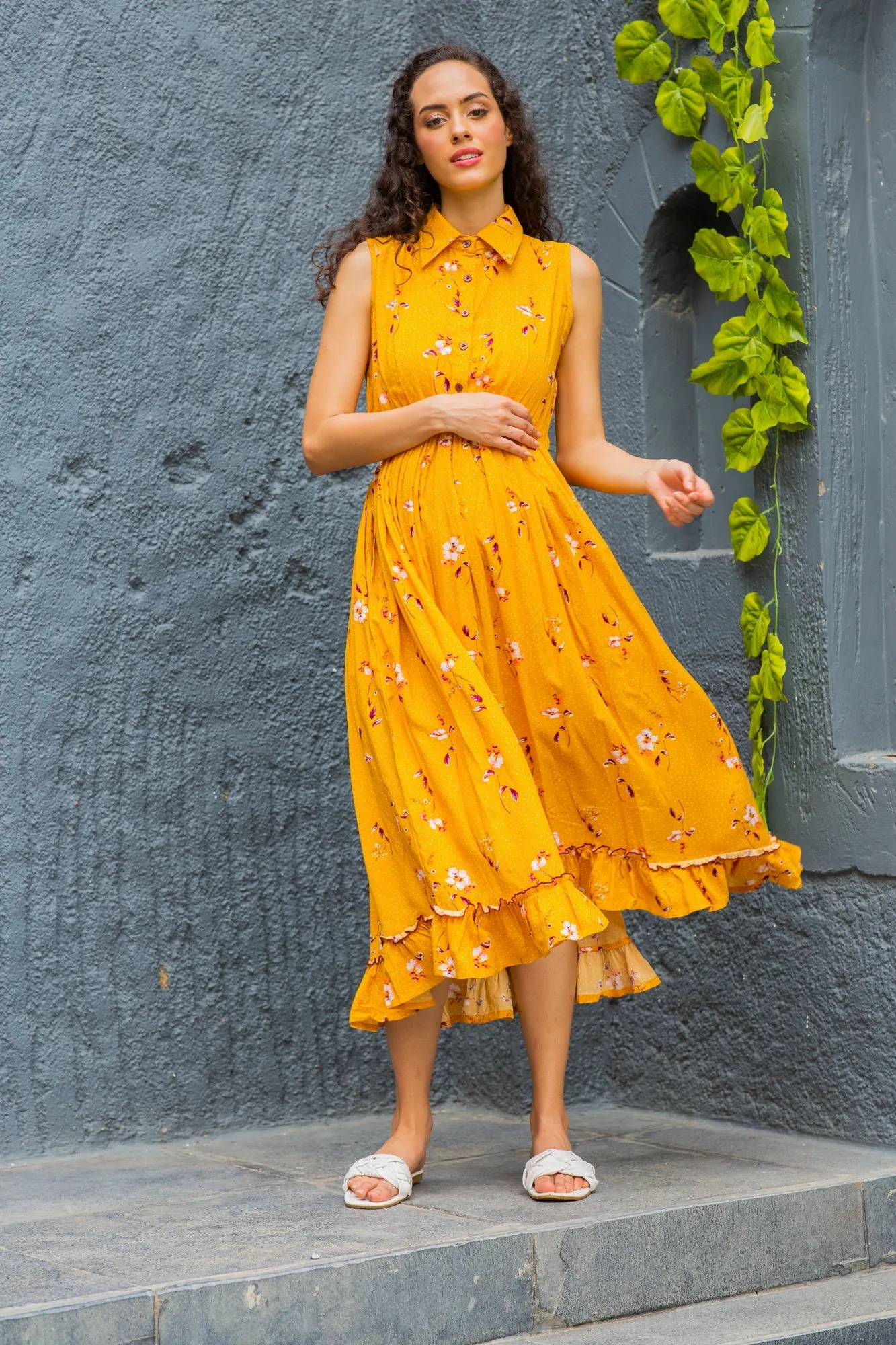 Adorable Marigold Maternity & Nursing Frill Dress