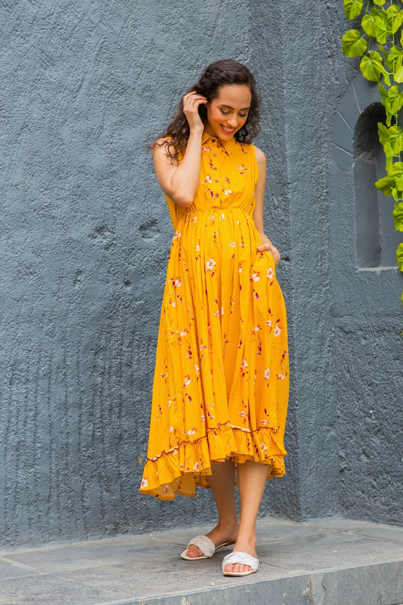 Adorable Marigold Maternity & Nursing Frill Dress