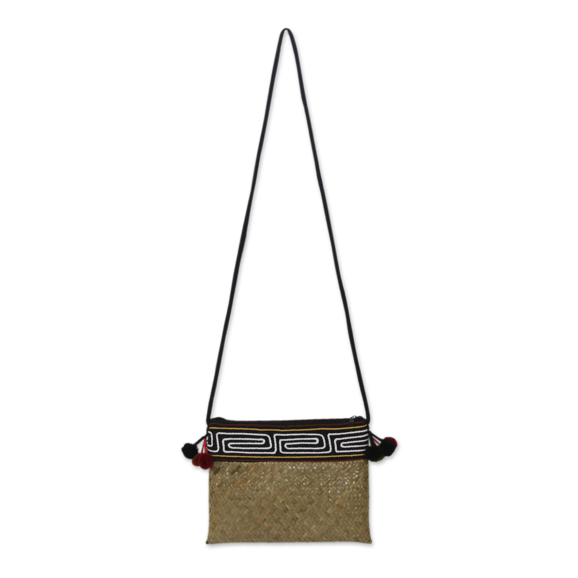 Akha Wonder Hand Woven Natural Fiber Shoulder Bag with Thai Pompoms