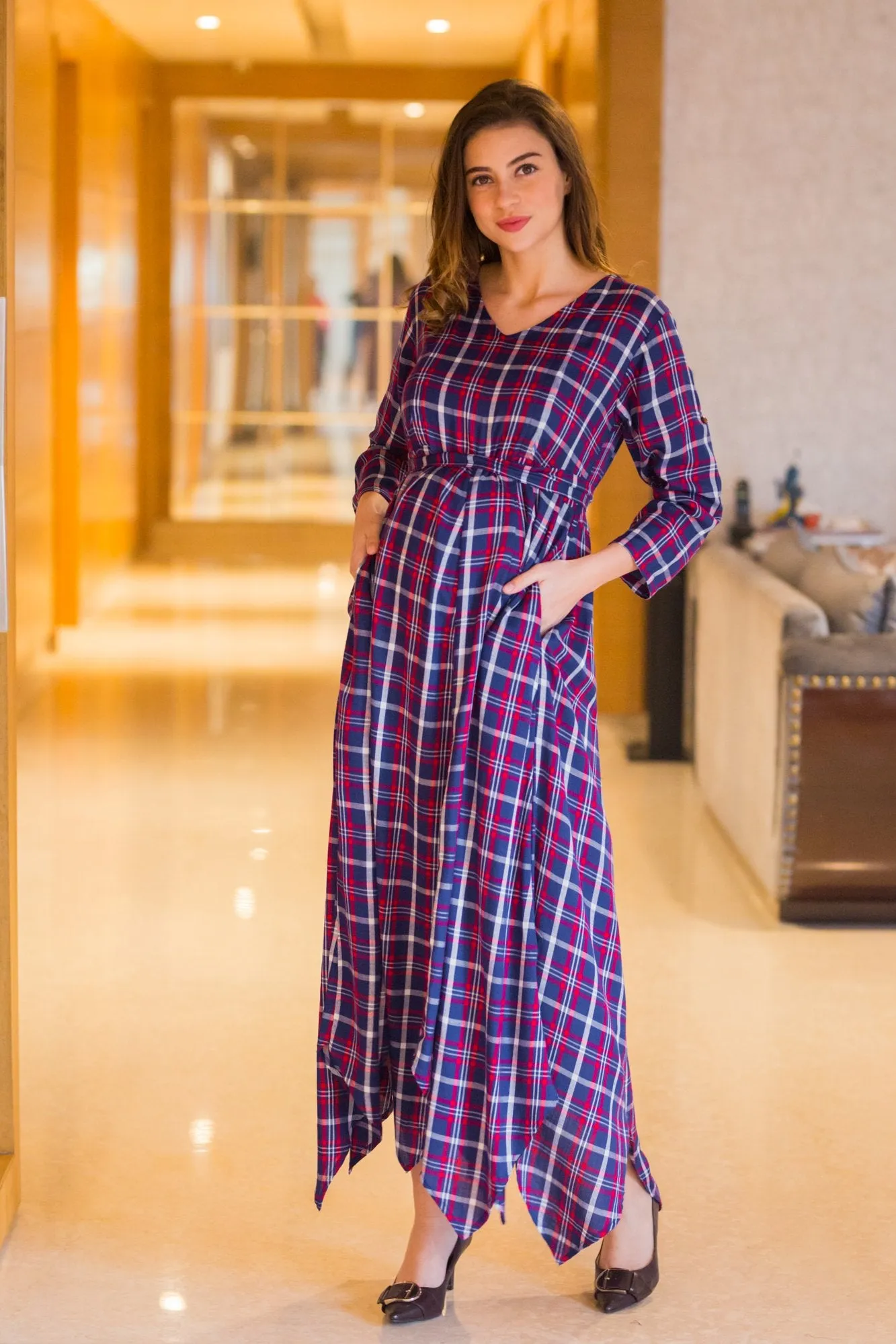 Aztec Plaid Maternity & Nursing Maxi