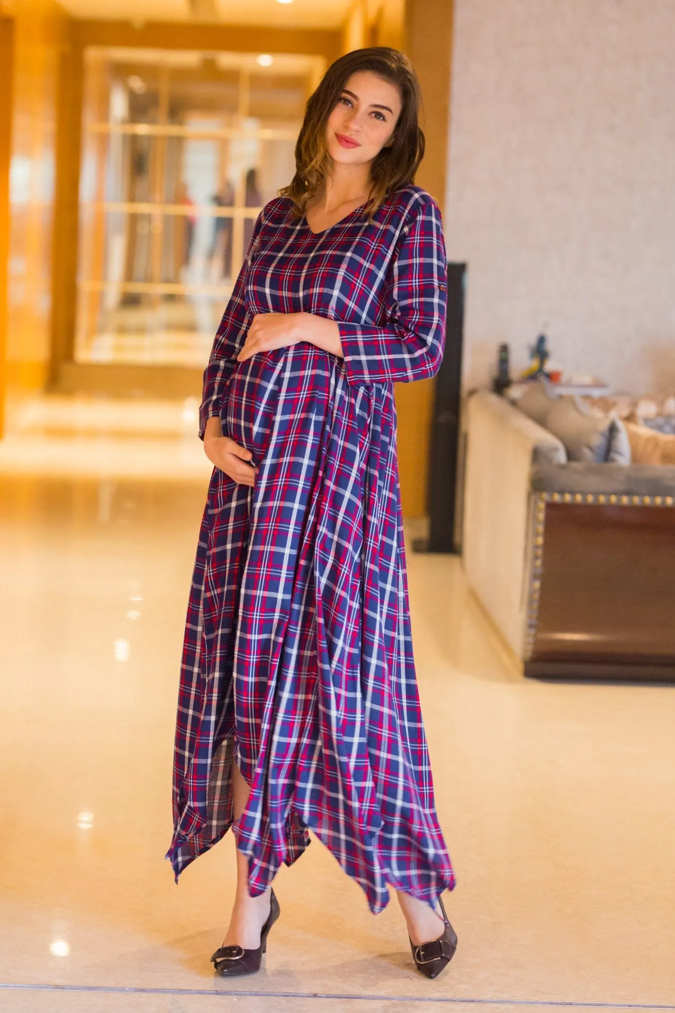 Aztec Plaid Maternity & Nursing Maxi