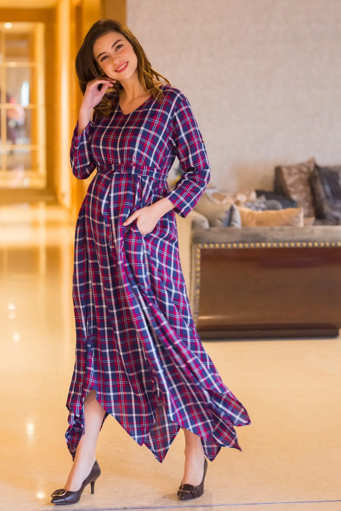 Aztec Plaid Maternity & Nursing Maxi