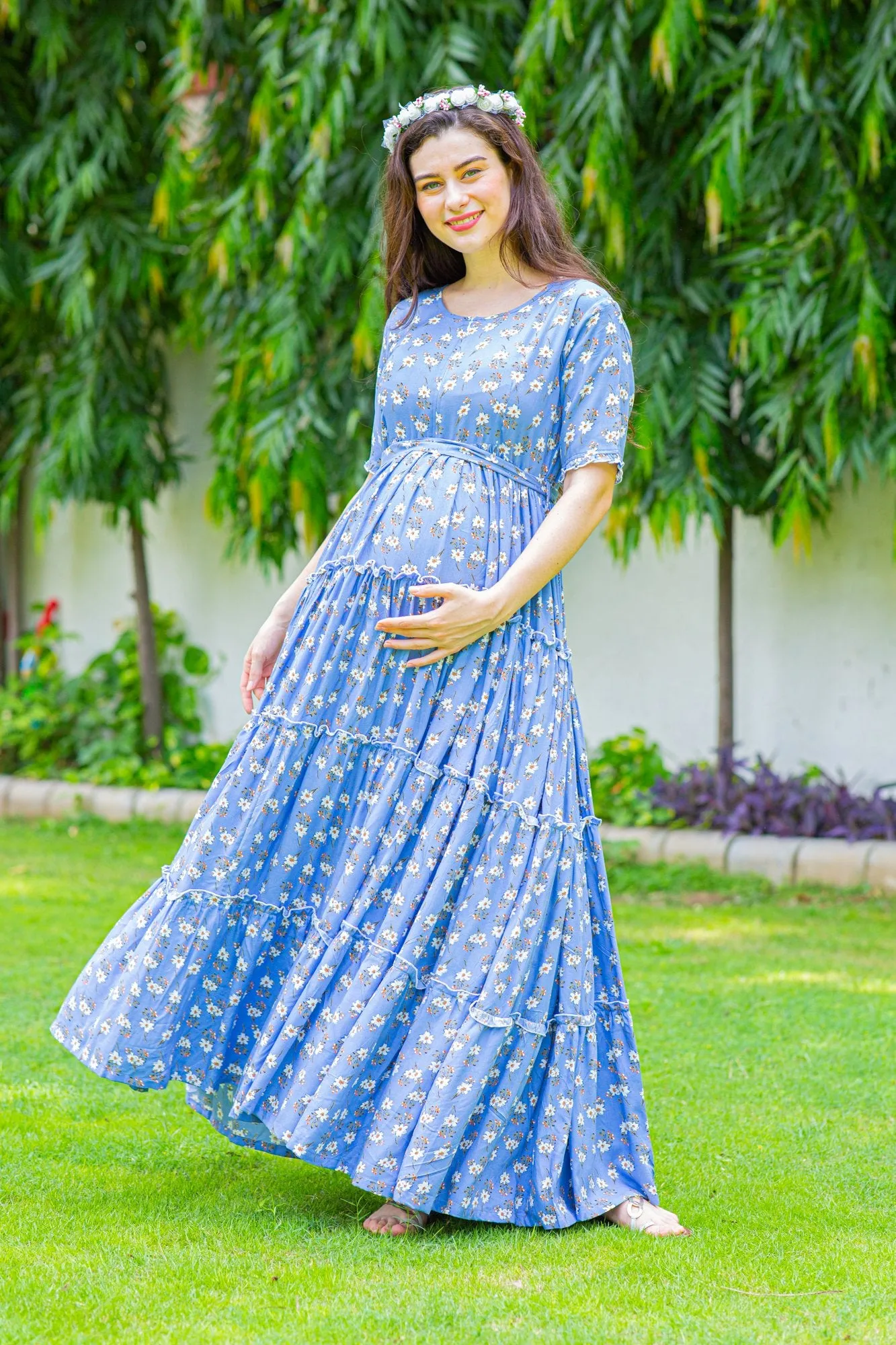 Baby Blue Frill Maternity & Nursing Dress