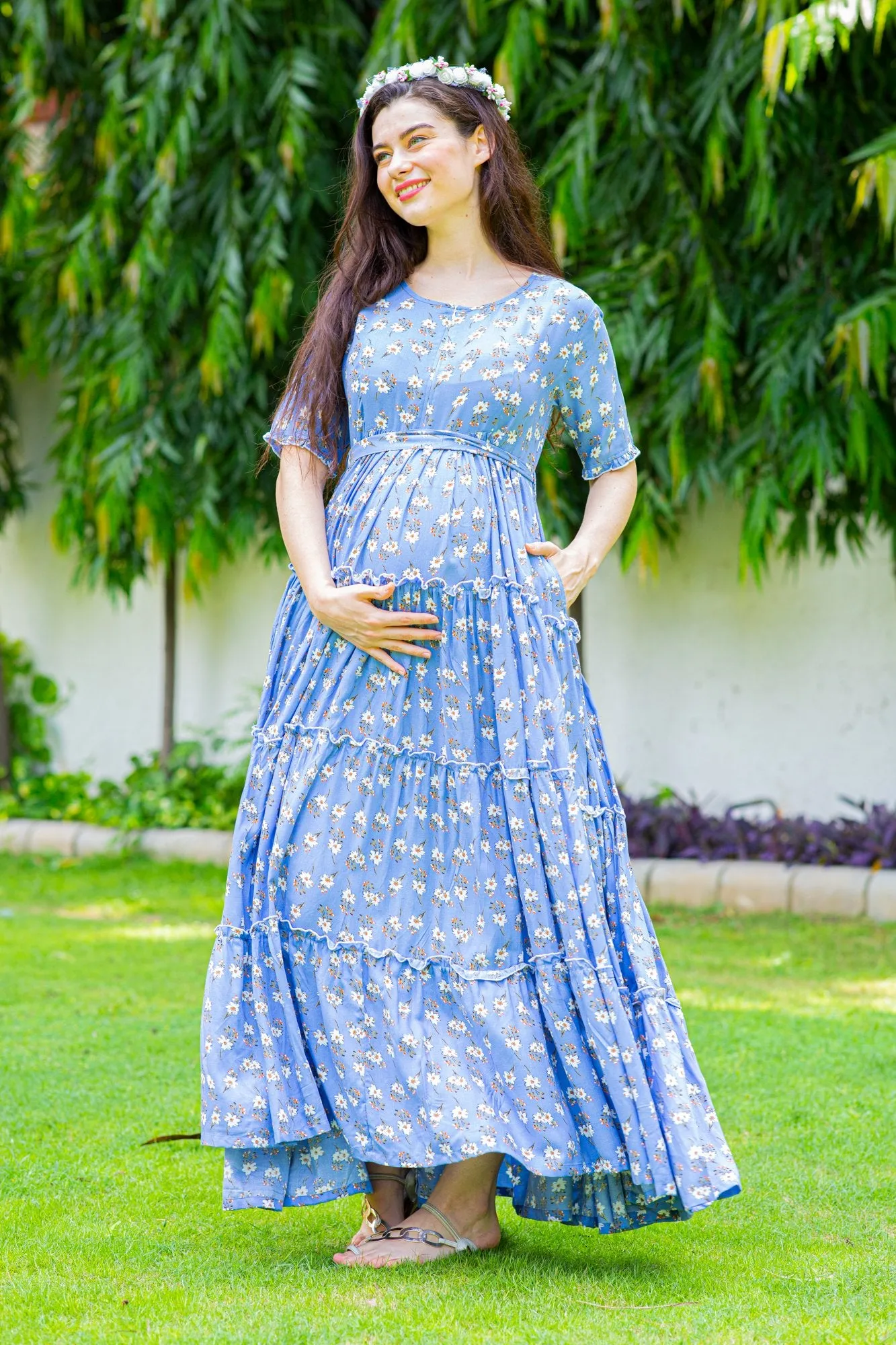 Baby Blue Frill Maternity & Nursing Dress