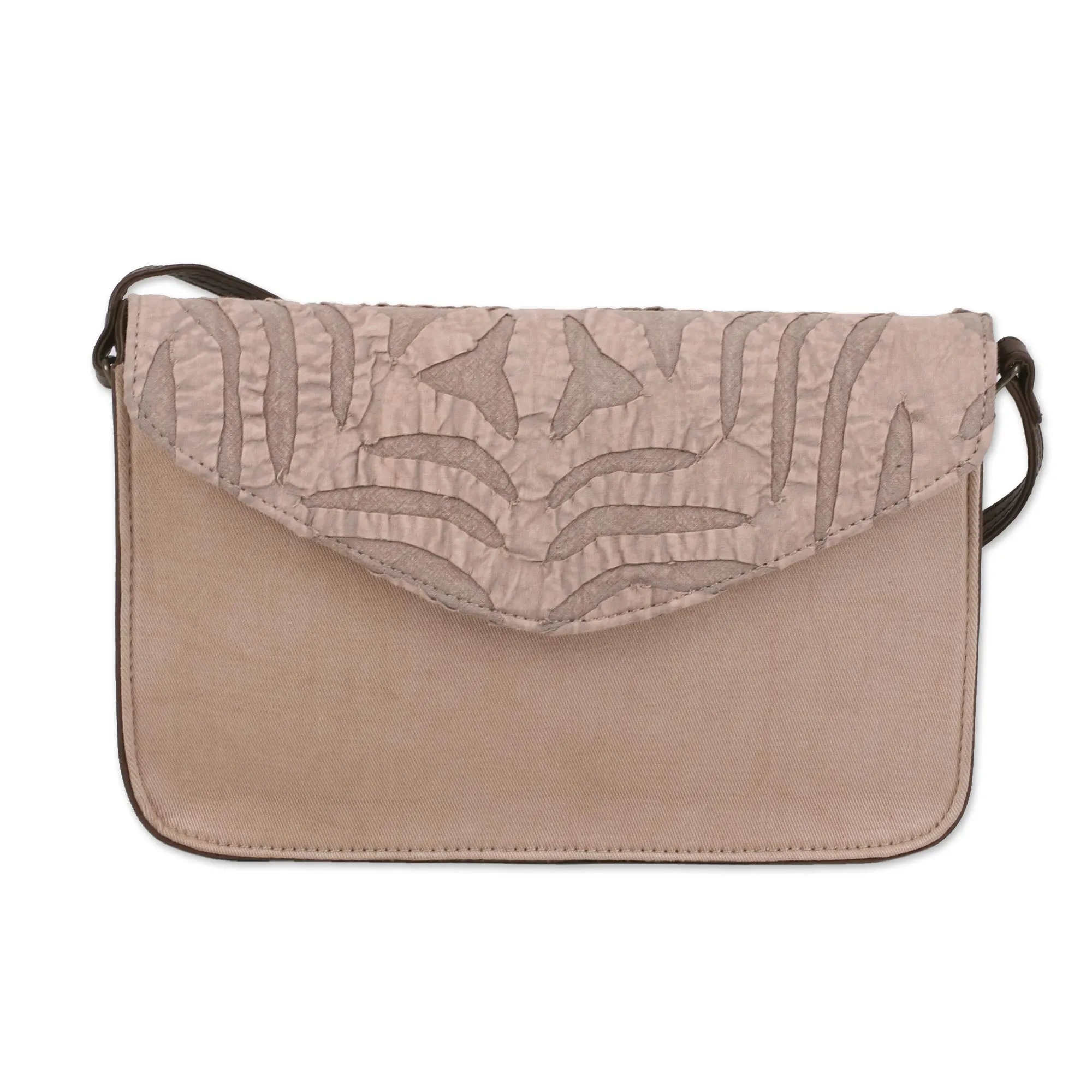 Beige Traveler Leather Accent Cotton Applique Shoulder Bag from India