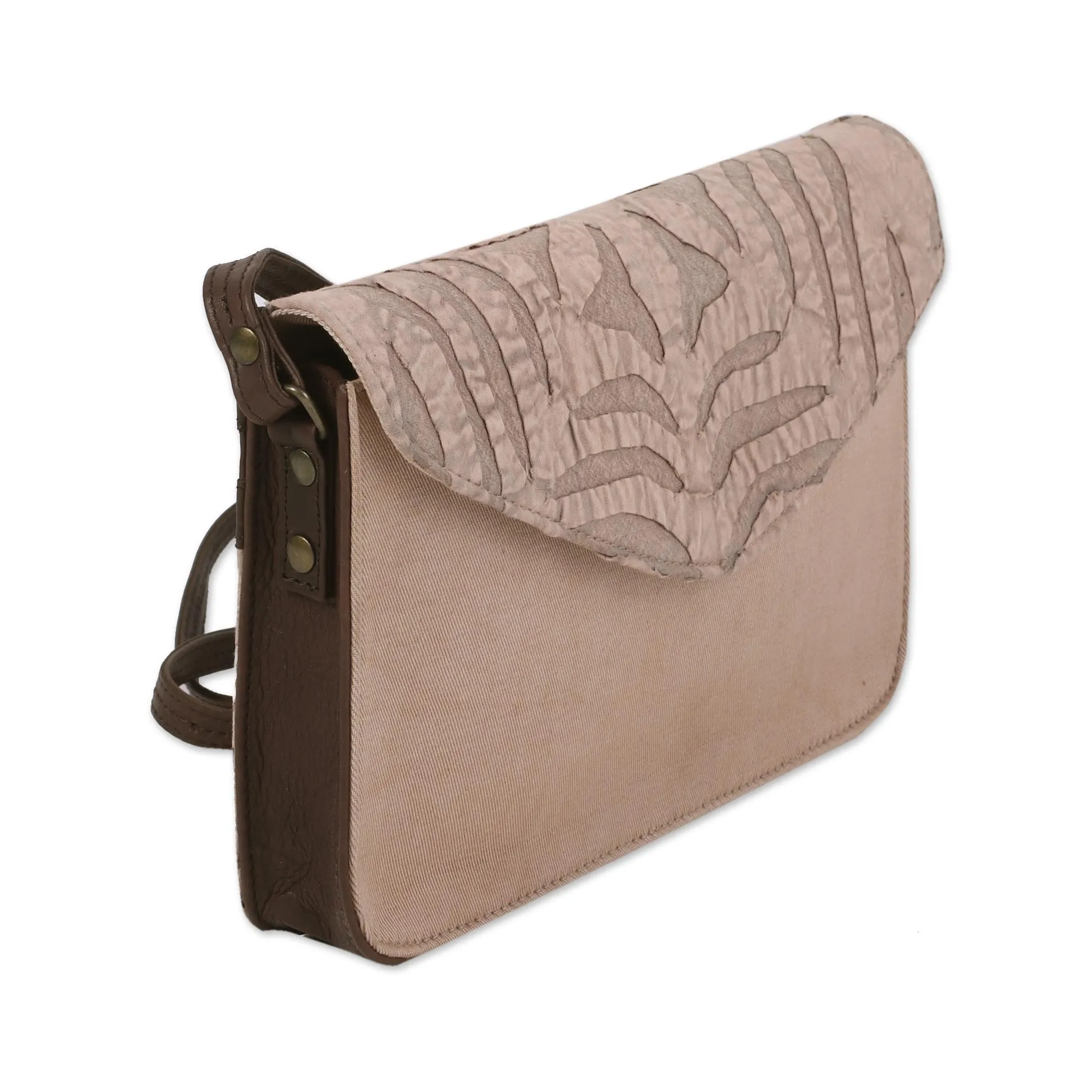 Beige Traveler Leather Accent Cotton Applique Shoulder Bag from India