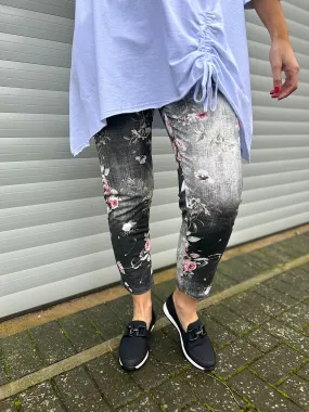 Black Denim Printed Floral Joggers India