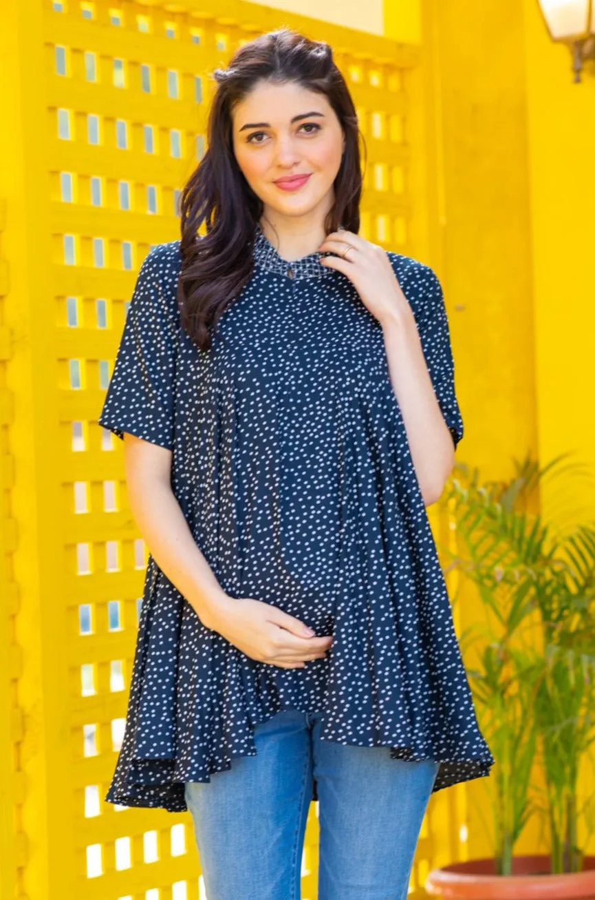 Blue Polka Maternity & Nursing Flair Top