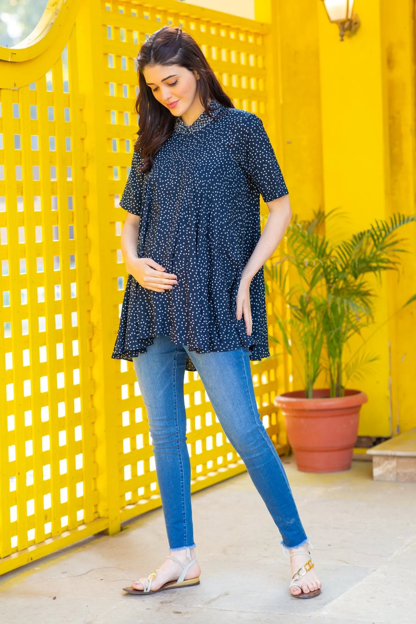 Blue Polka Maternity & Nursing Flair Top