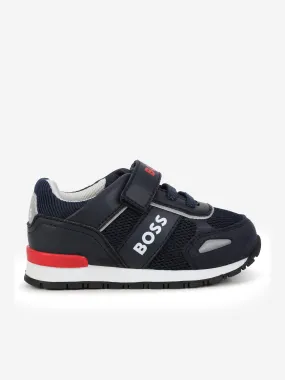 BOSS Boys Leather Logo Trainers in Navy