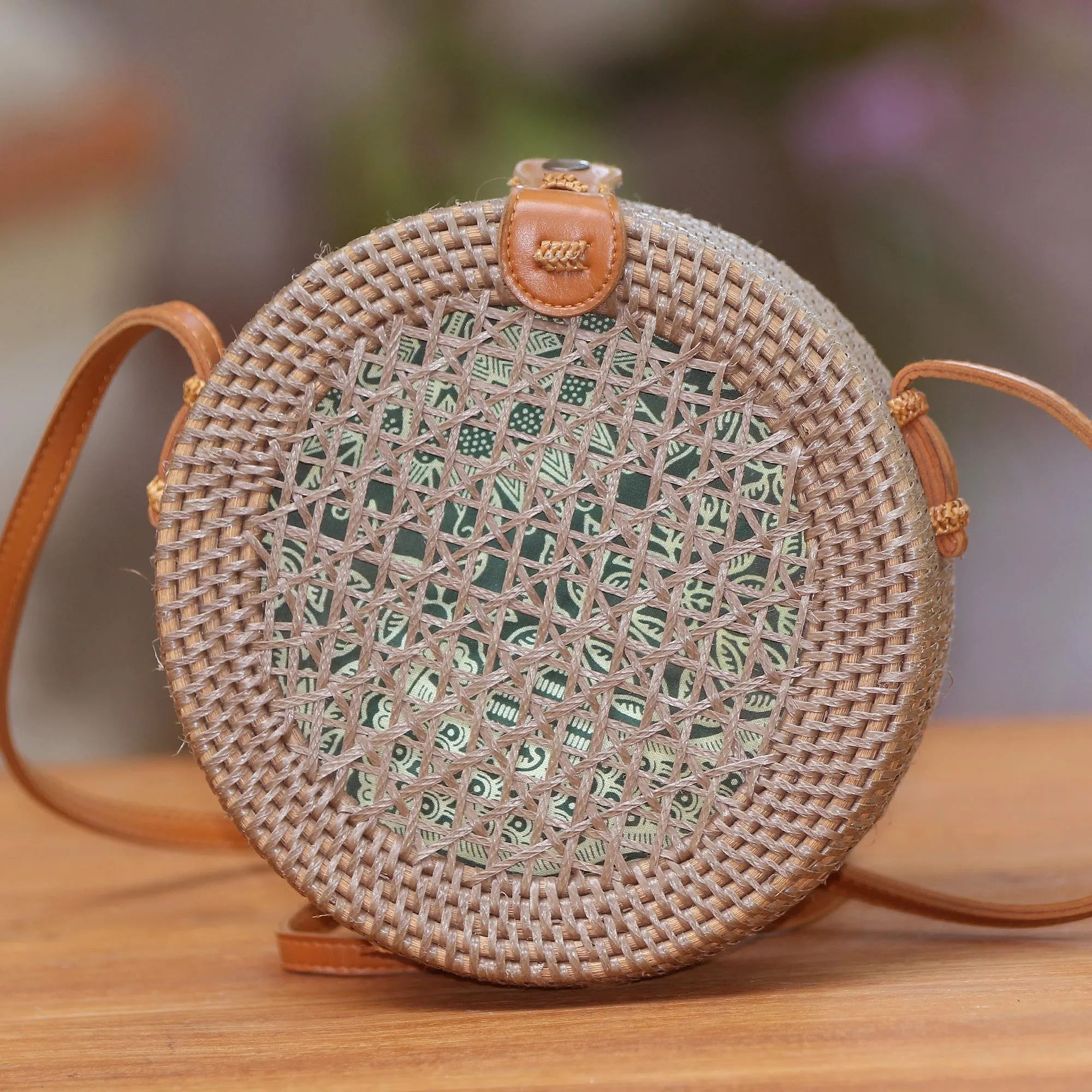 Brown Trellis Round Woven Bamboo Shoulder Bag in Brown