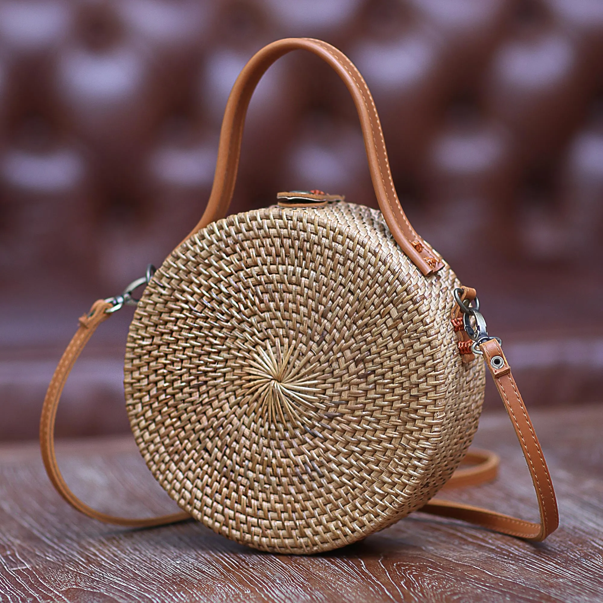 Brown Wheel Round Brown Woven Bamboo Shoulder Bag from Bali (8 inch)