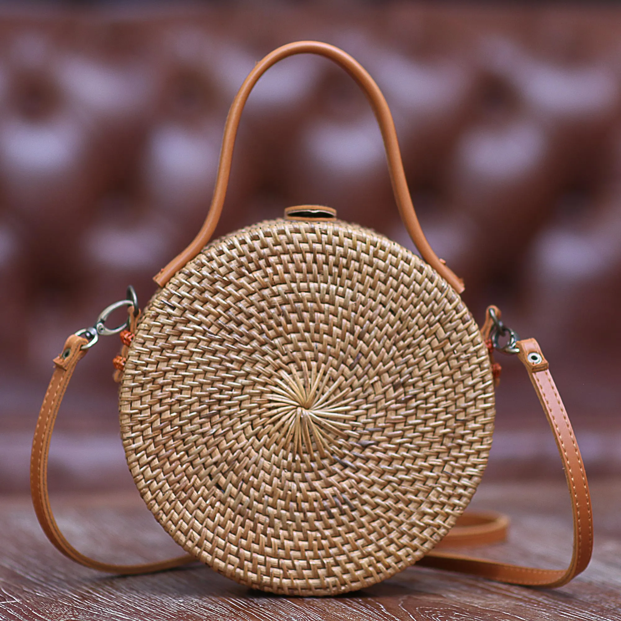 Brown Wheel Round Brown Woven Bamboo Shoulder Bag from Bali (8 inch)