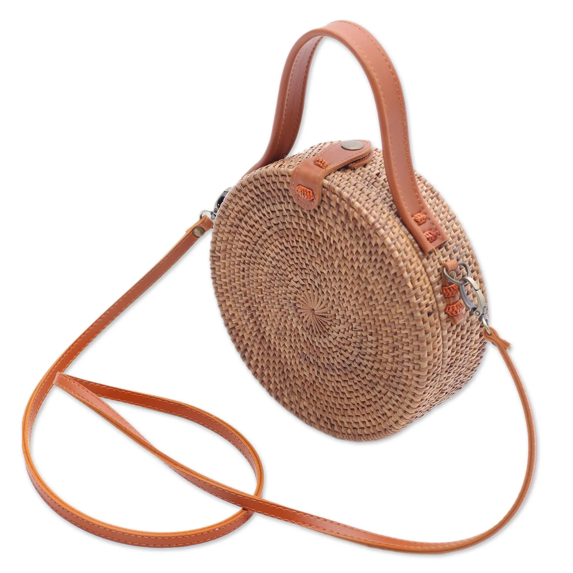 Brown Wheel Round Brown Woven Bamboo Shoulder Bag from Bali (8 inch)