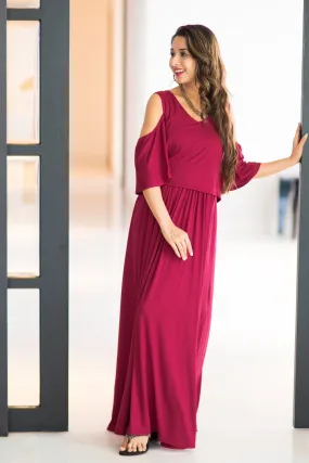 Burgandy Cold Shoulder Maternity & Nursing Maxi Dress