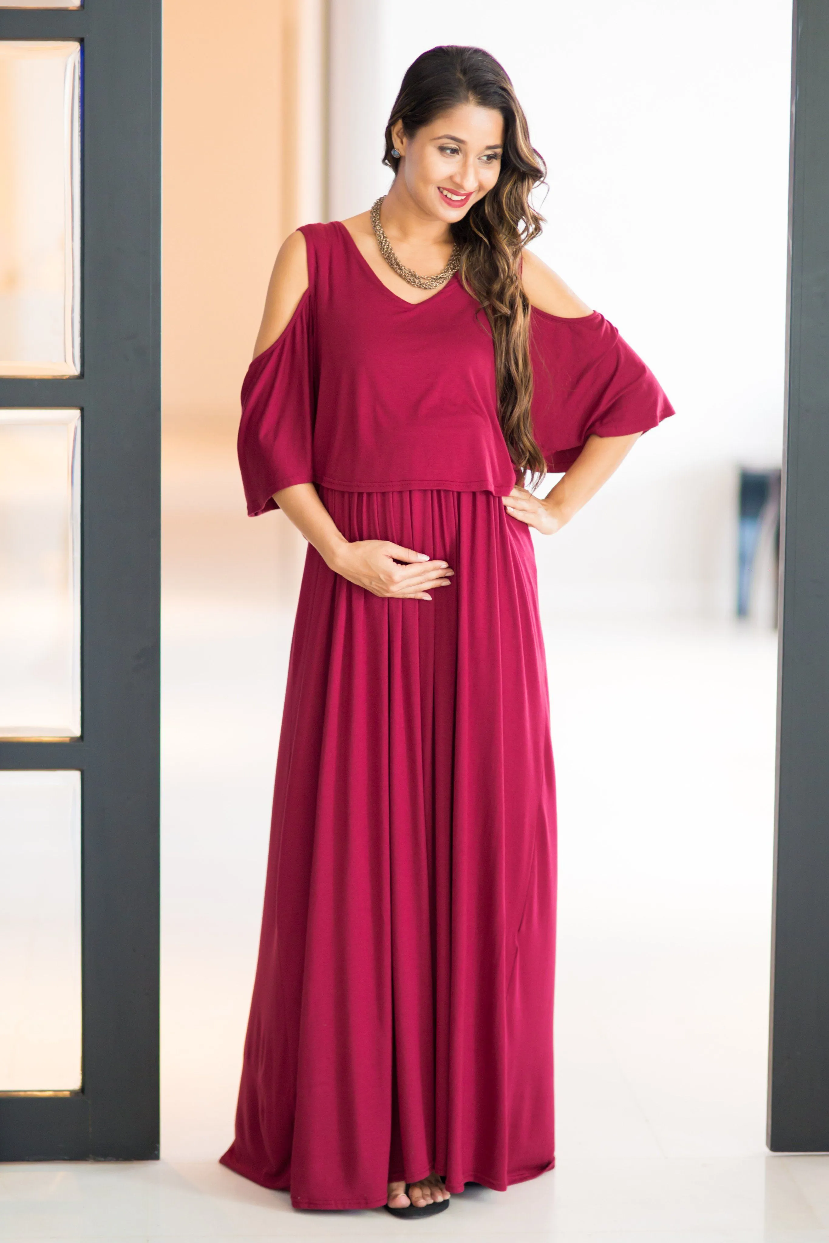 Burgandy Cold Shoulder Maternity & Nursing Maxi Dress