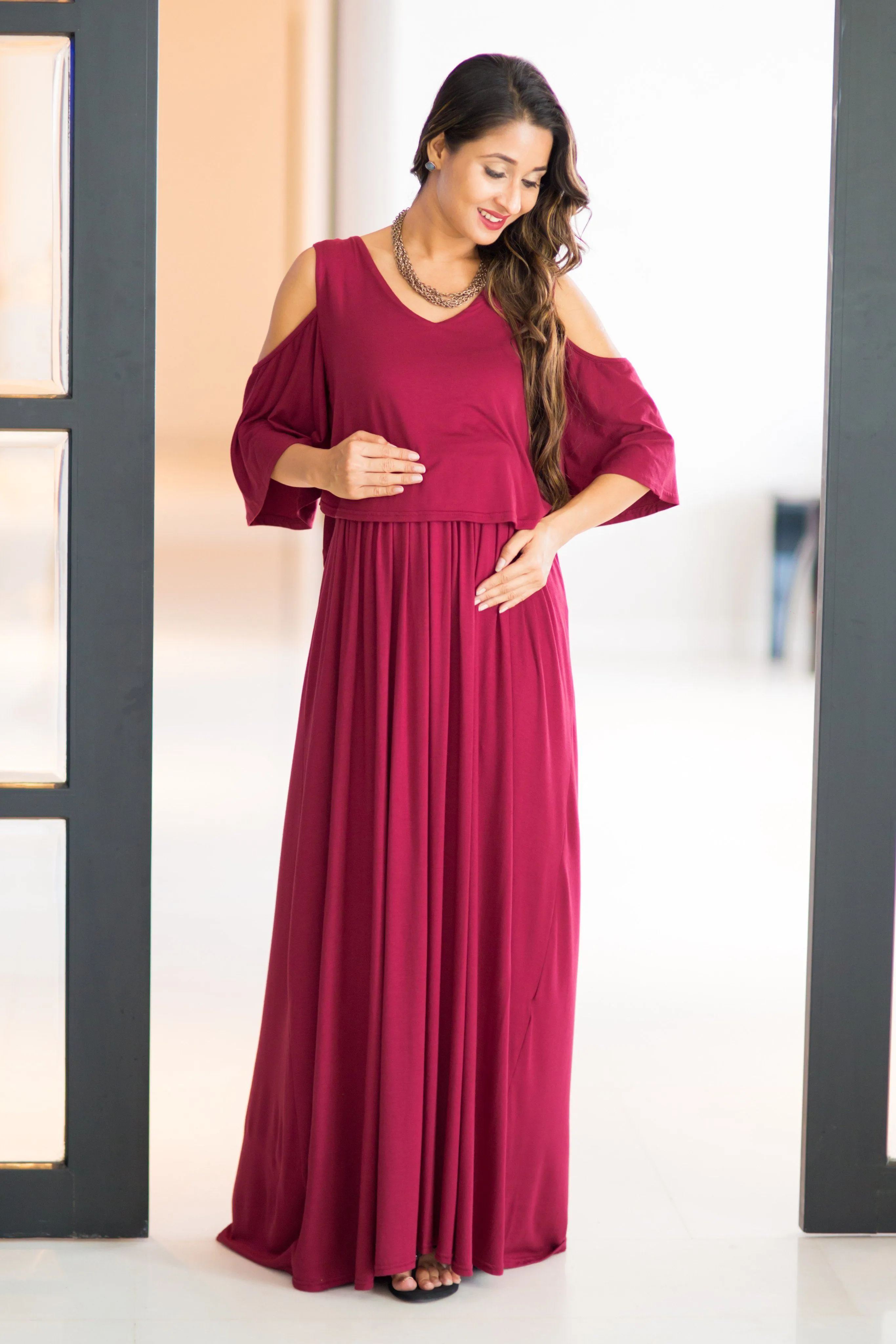 Burgandy Cold Shoulder Maternity & Nursing Maxi Dress