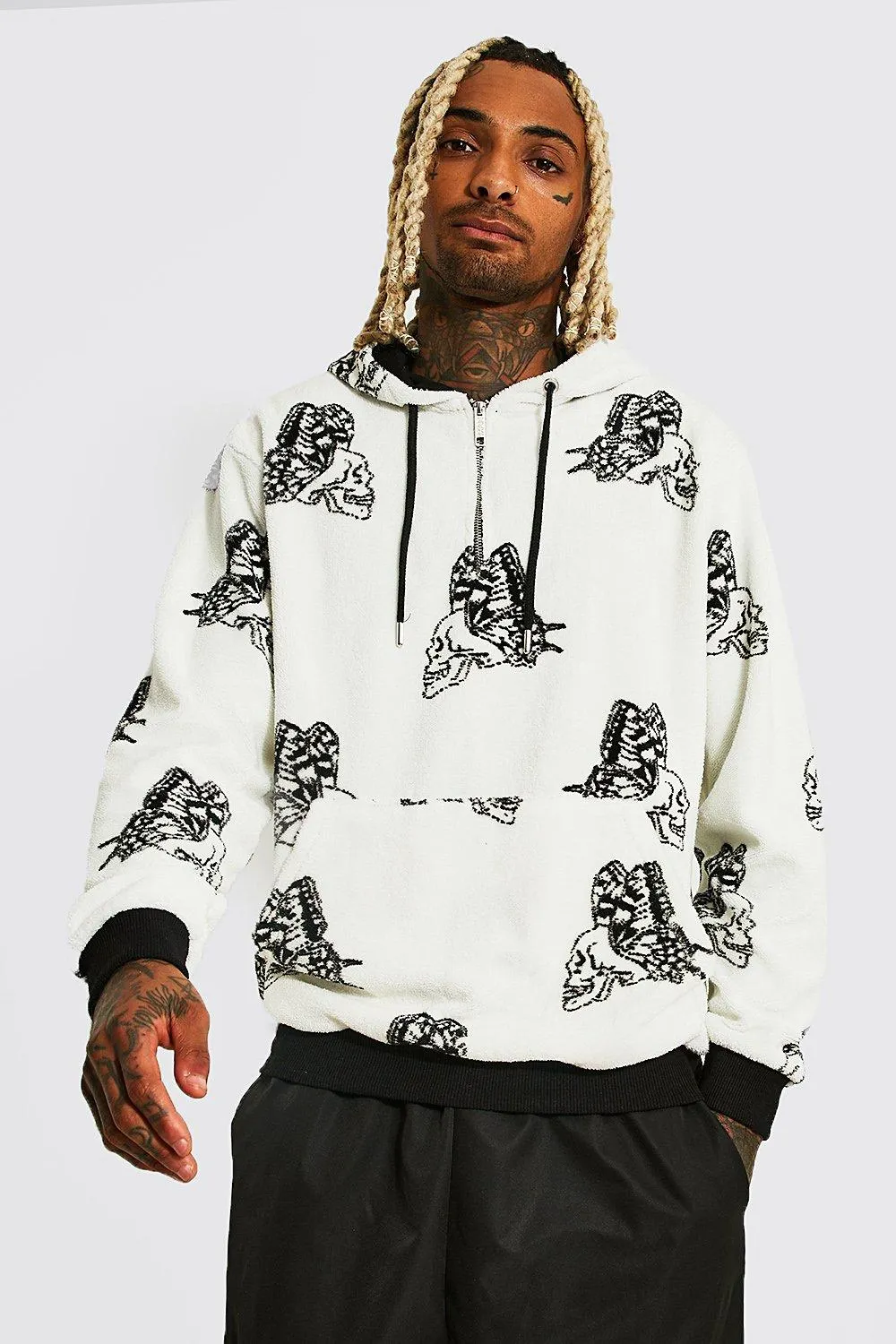 Butterfly Skull Print Borg 1/2 Zip Hoodie