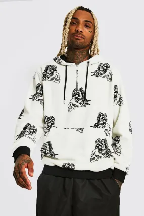 Butterfly Skull Print Borg 1/2 Zip Hoodie