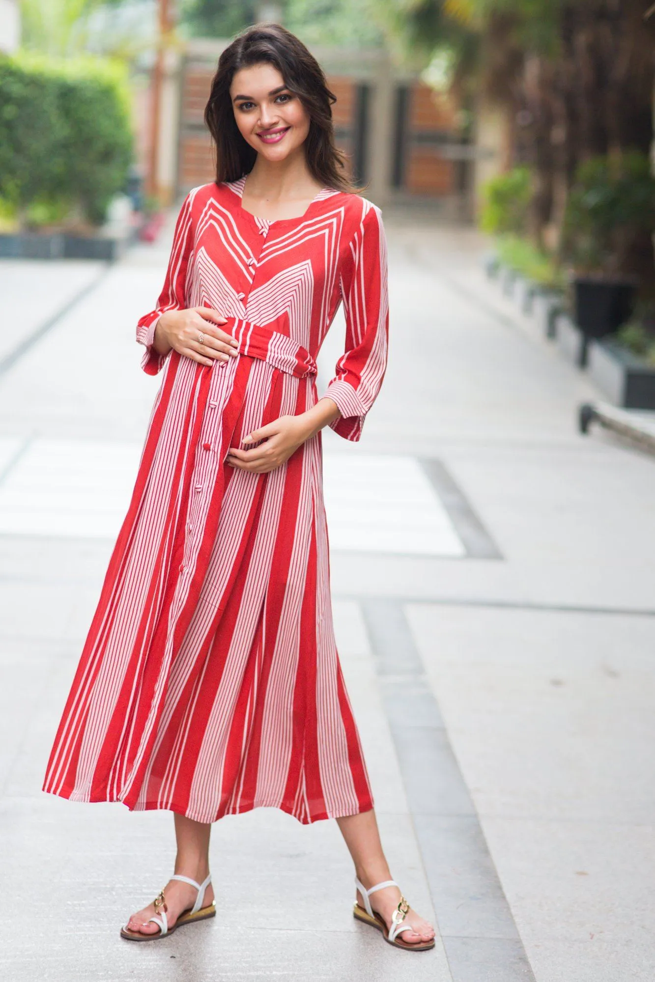 Cardinal Striped Pocket Maternity & Nursing Dress