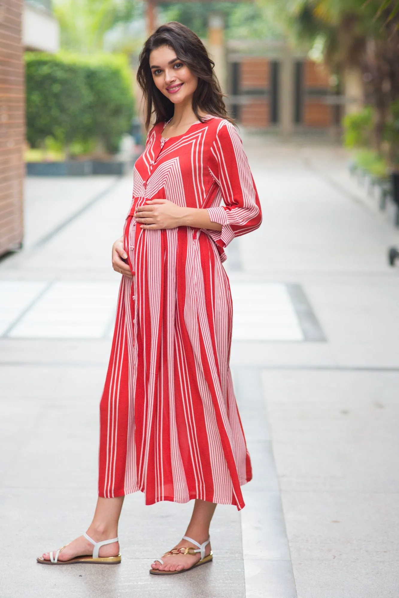 Cardinal Striped Pocket Maternity & Nursing Dress