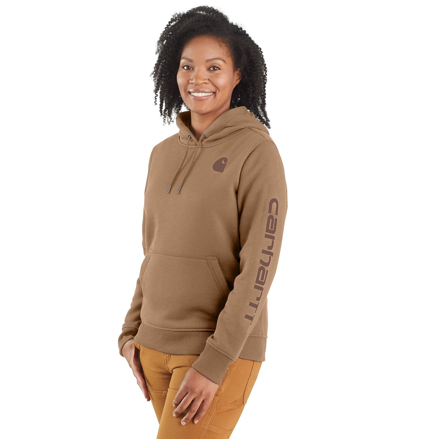 Carhartt Women's Relaxed Fit Midweight Logo Sleeve Graphic Hoodie in Flaxseed