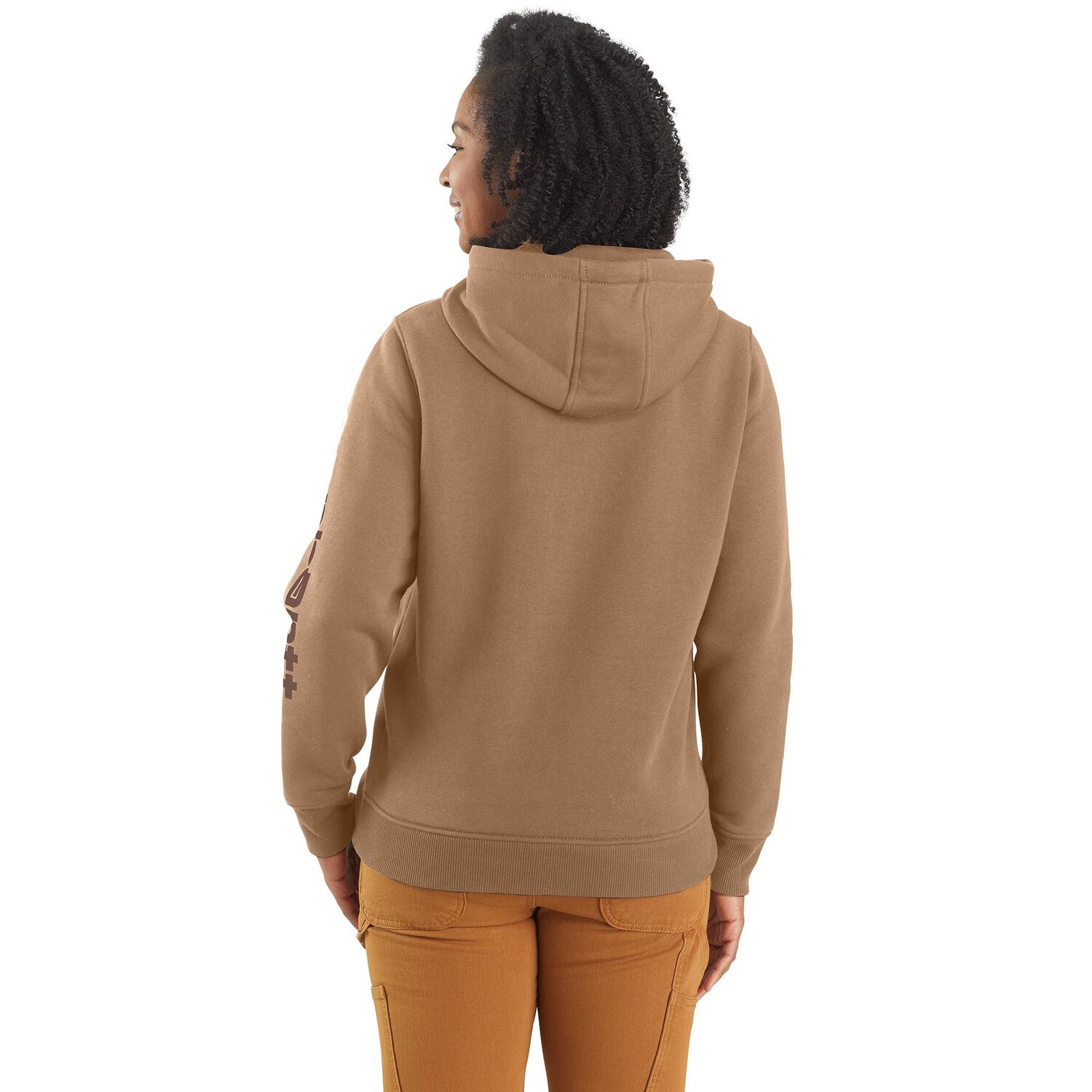 Carhartt Women's Relaxed Fit Midweight Logo Sleeve Graphic Hoodie in Flaxseed