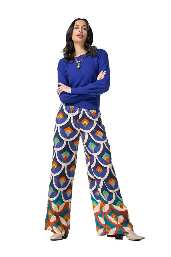 Caroline Biss BLUE PRINT SHINY VISCOSE PALAZZO TROUSERS