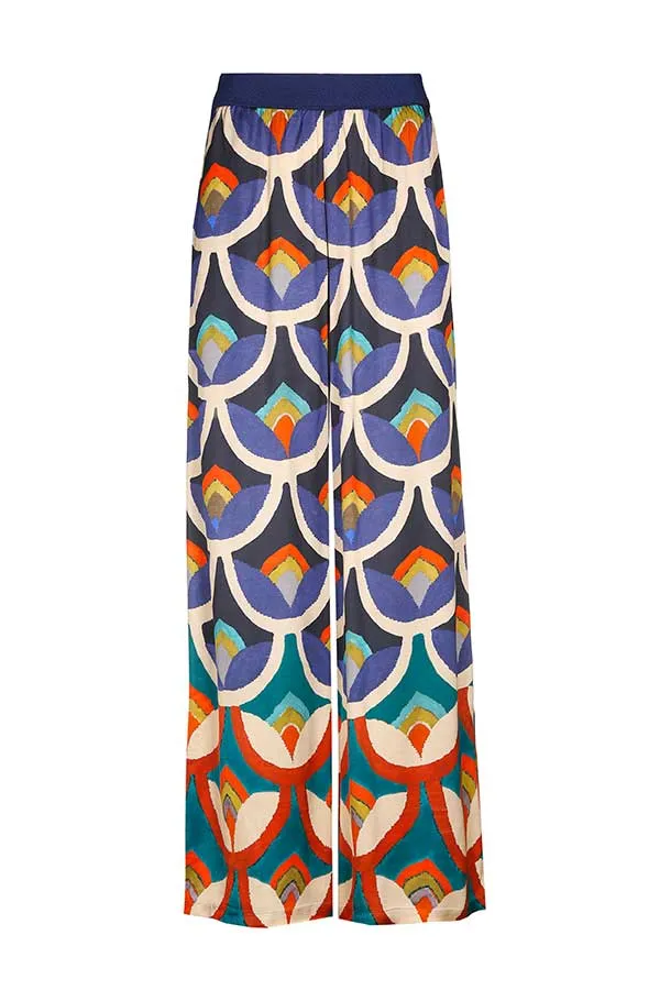 Caroline Biss BLUE PRINT SHINY VISCOSE PALAZZO TROUSERS