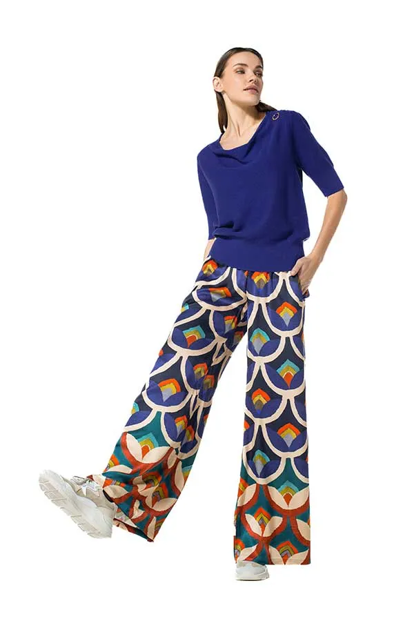 Caroline Biss BLUE PRINT SHINY VISCOSE PALAZZO TROUSERS