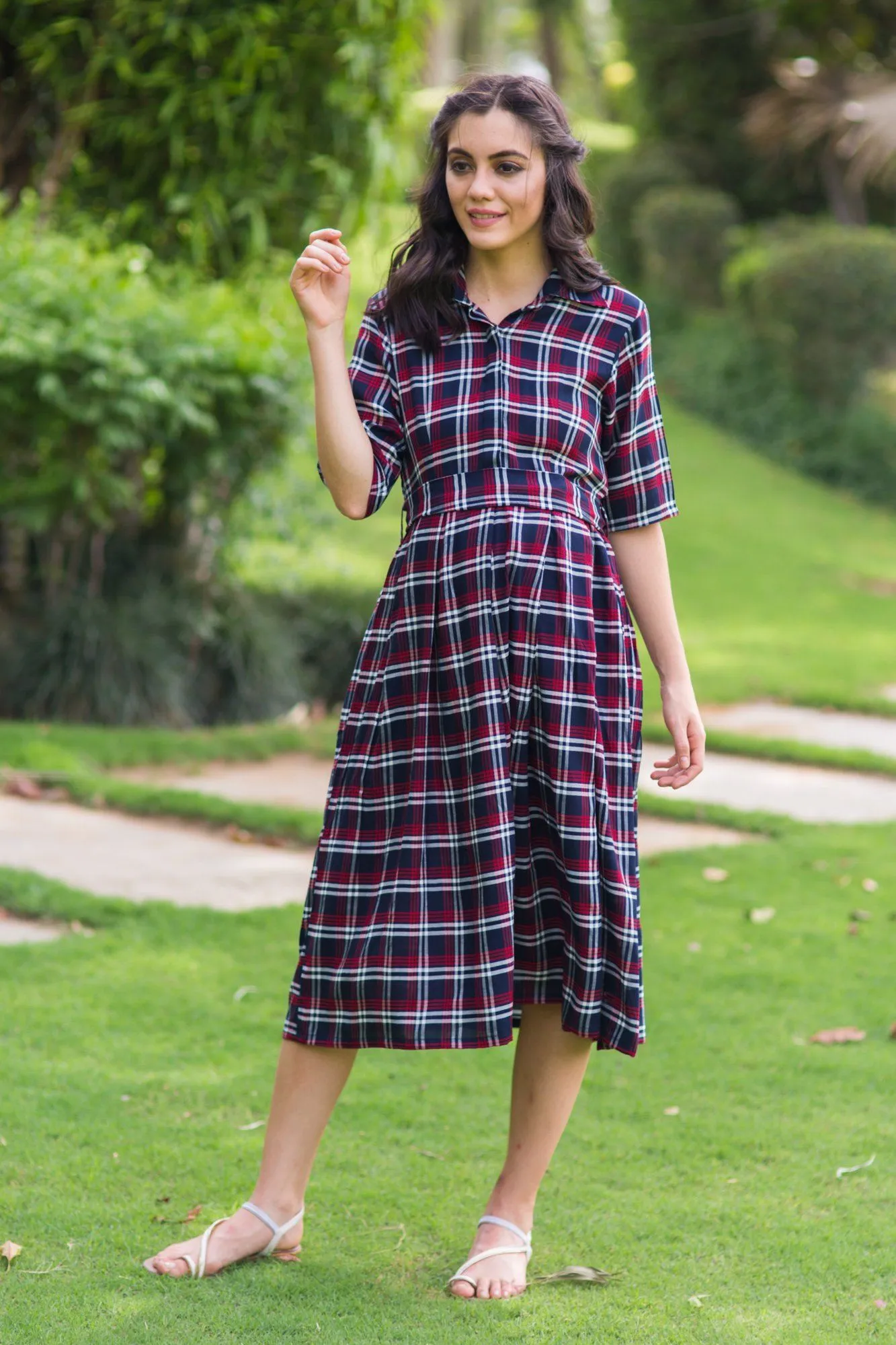 Classic Blue Red Plaid Maternity & Nursing Dress