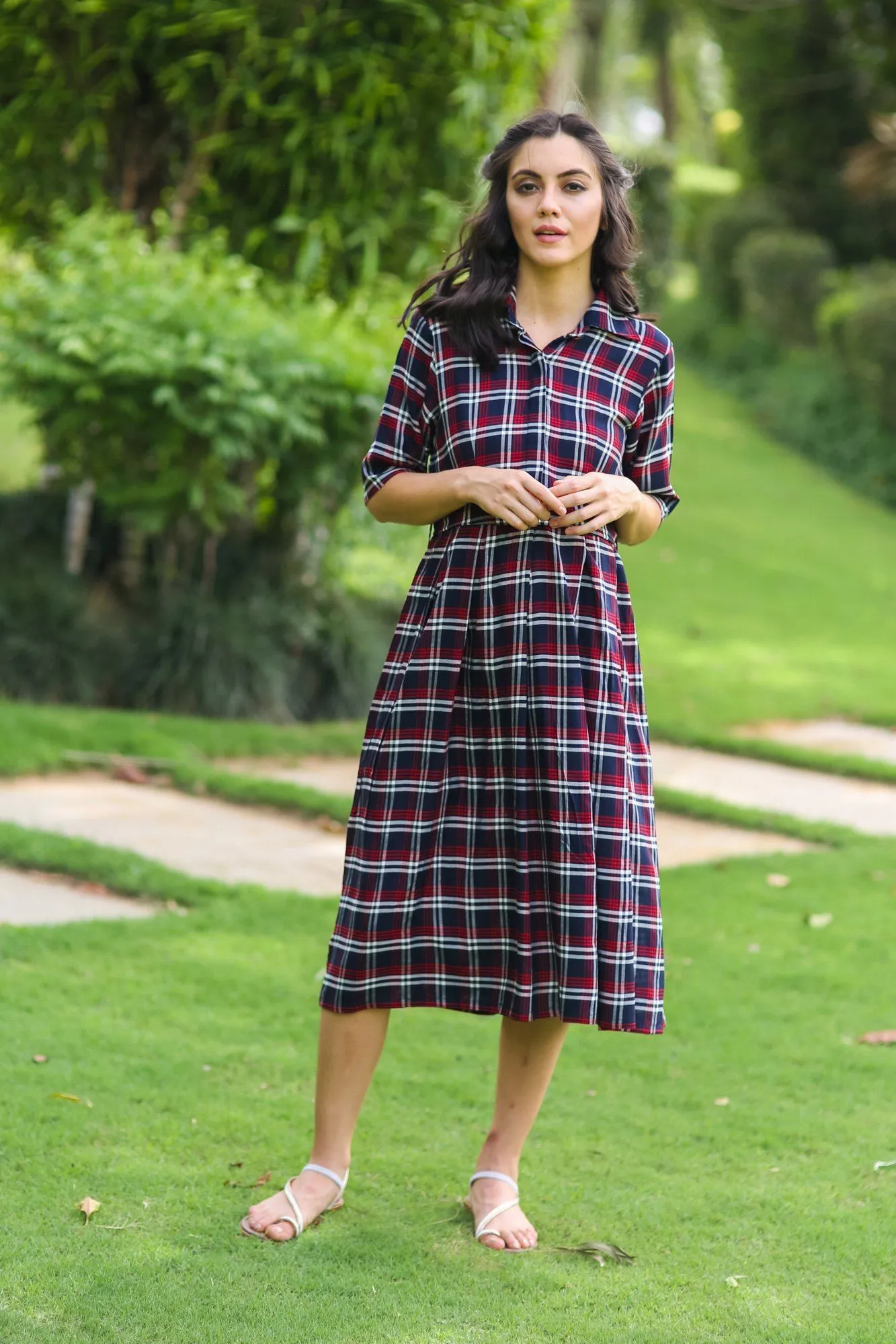 Classic Blue Red Plaid Maternity & Nursing Dress