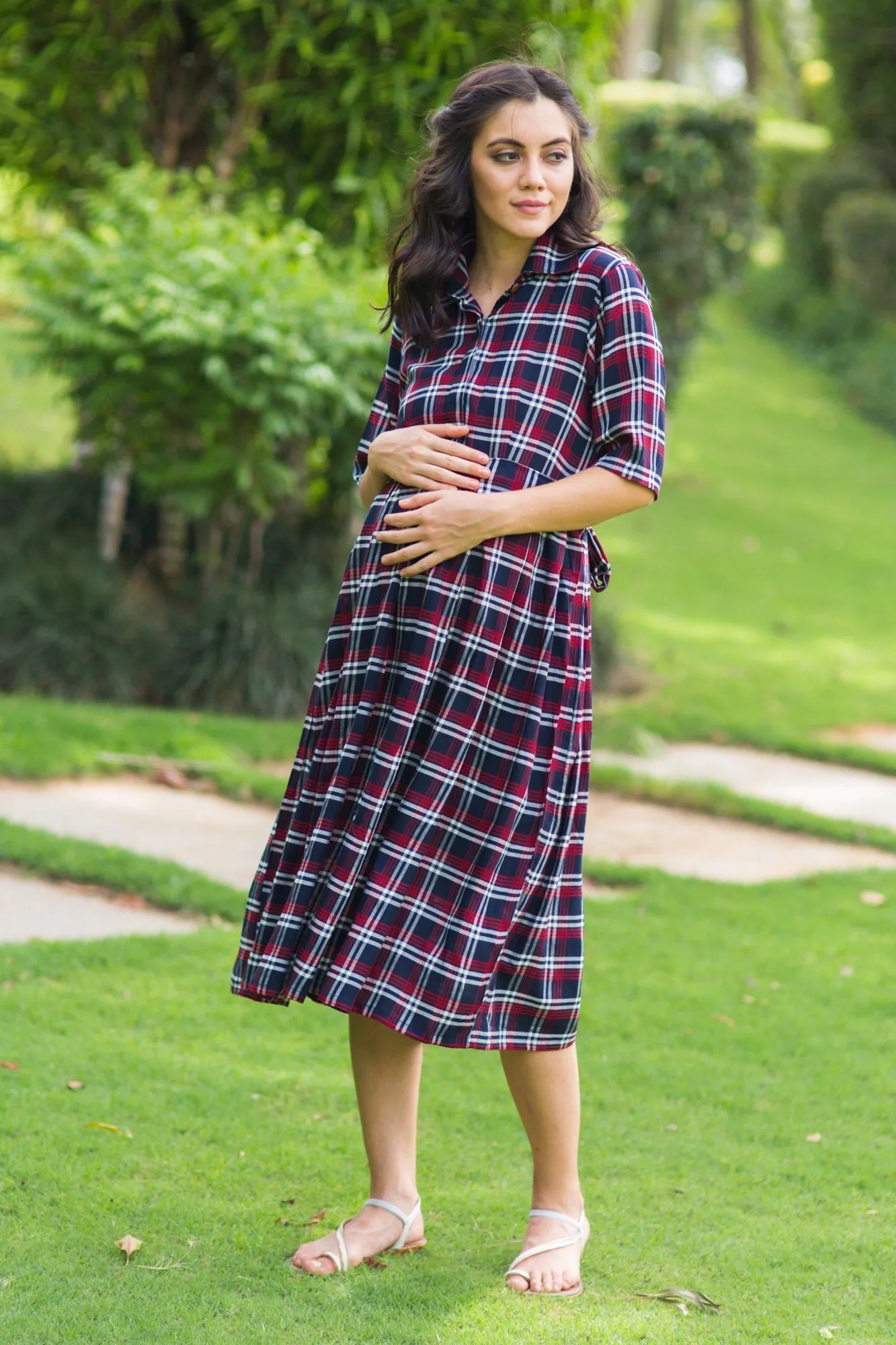 Classic Blue Red Plaid Maternity & Nursing Dress