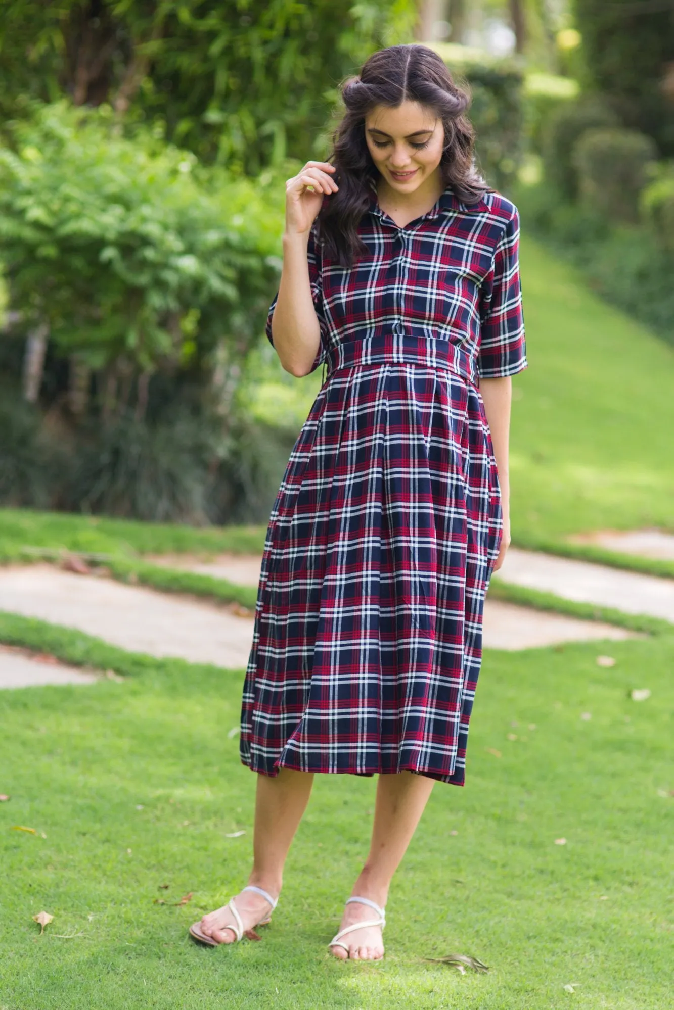 Classic Blue Red Plaid Maternity & Nursing Dress