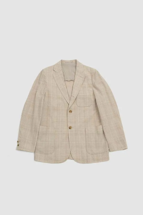 Cotton Wool Linen Check 3 Button Comfort Jacket - Natural