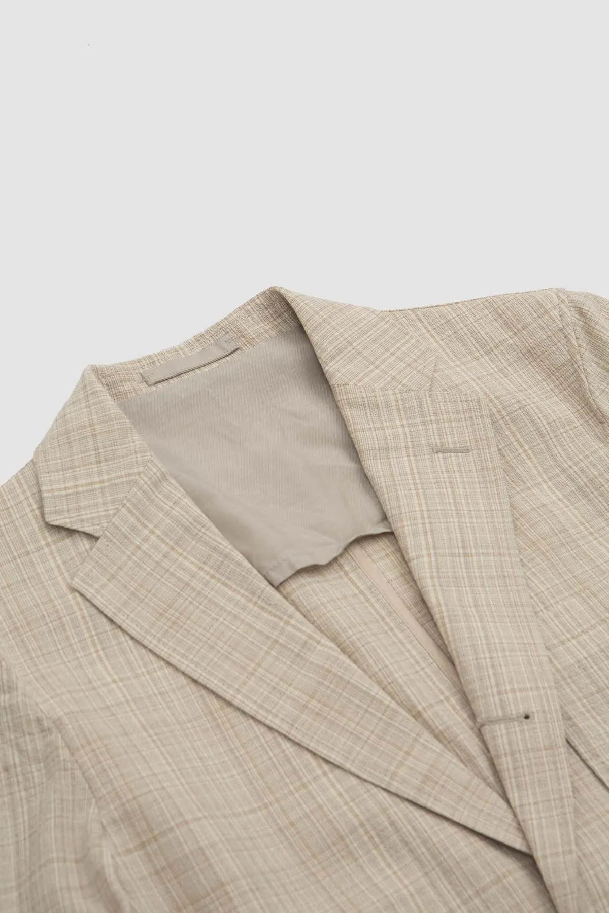 Cotton Wool Linen Check 3 Button Comfort Jacket - Natural