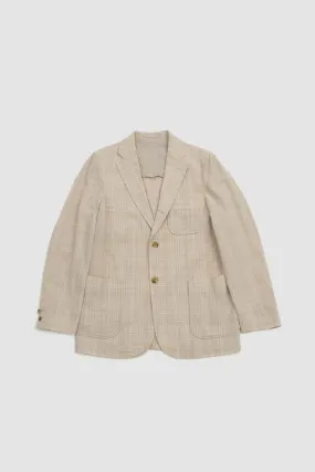 Cotton Wool Linen Check 3 Button Comfort Jacket - Natural