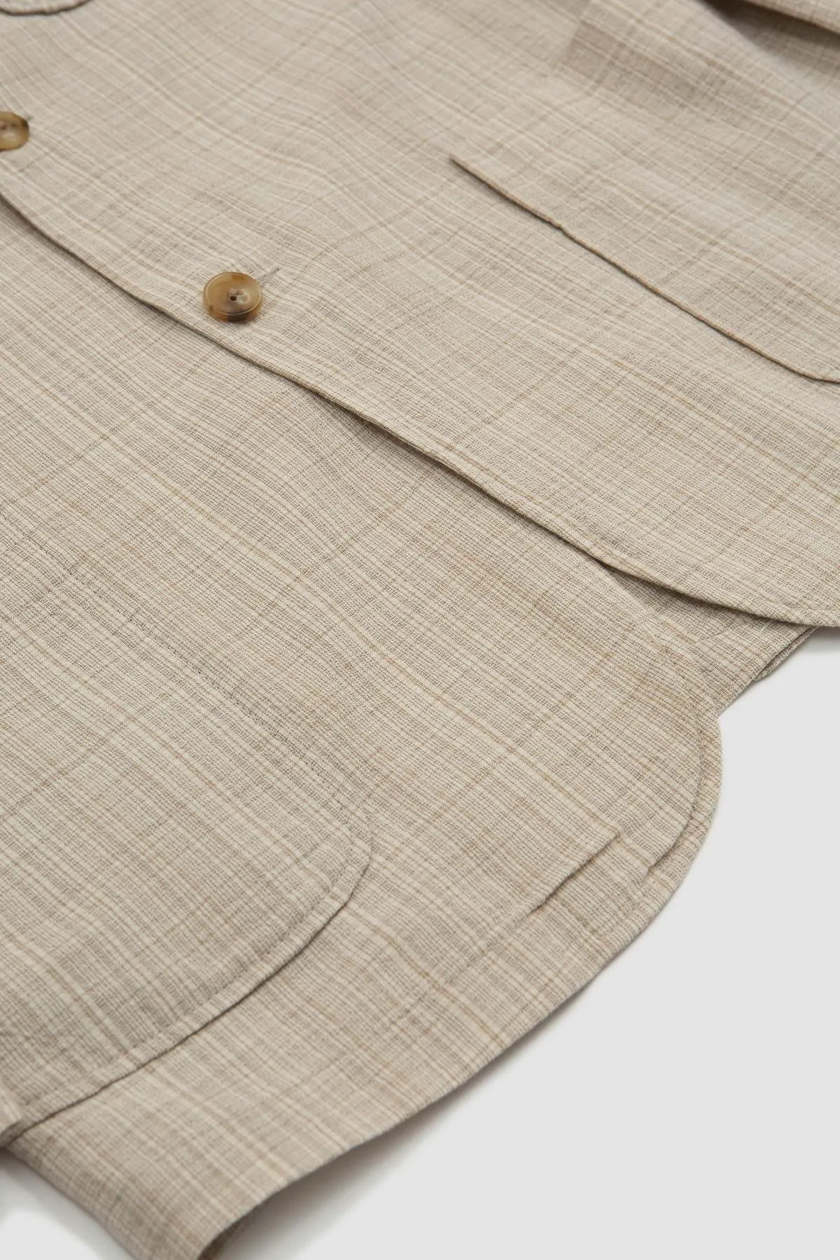 Cotton Wool Linen Check 3 Button Comfort Jacket - Natural