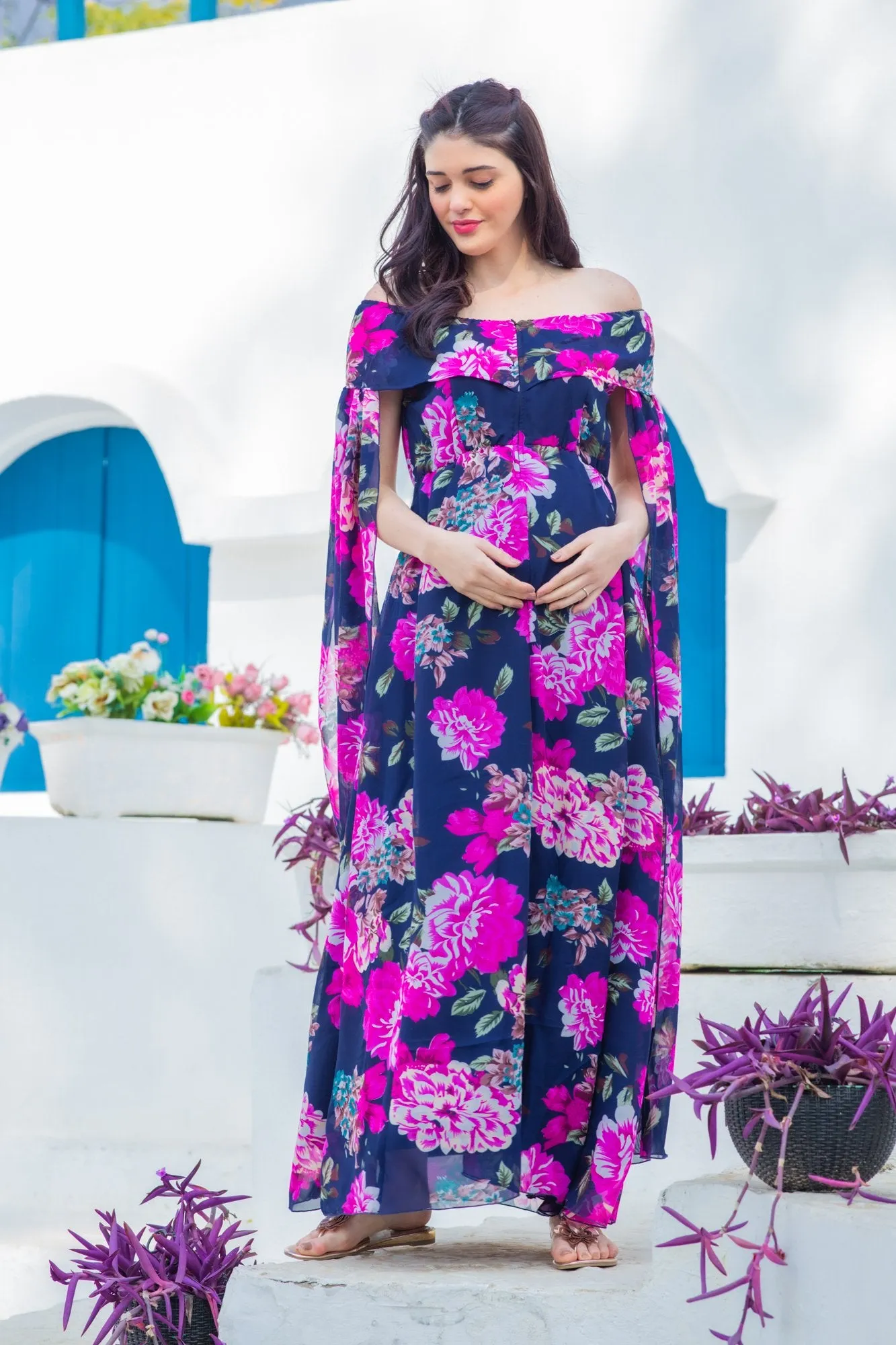 Crystal Noir Flying Sleeves Maternity Dress