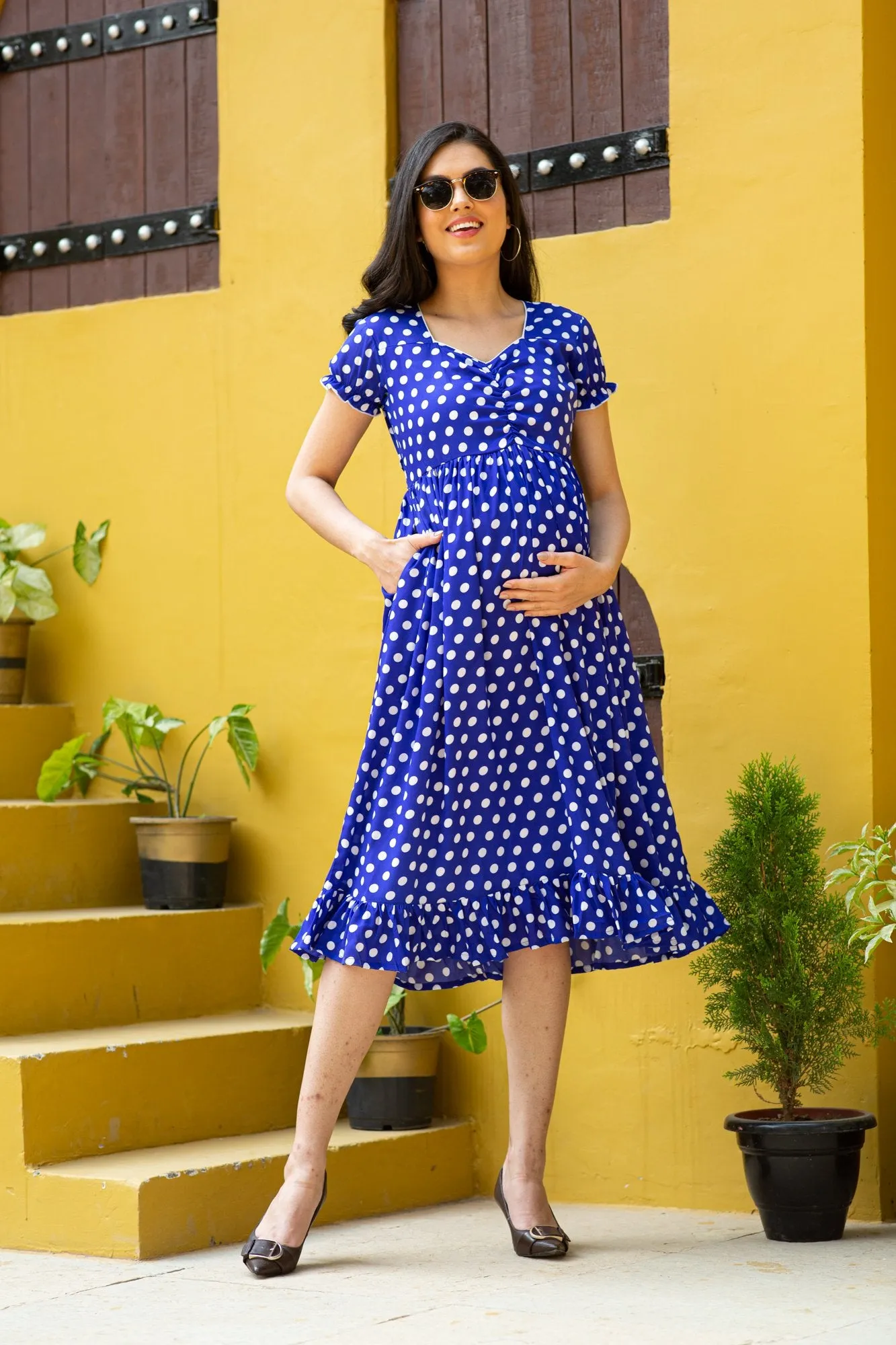 Cute Blue Polka Maternity Dress