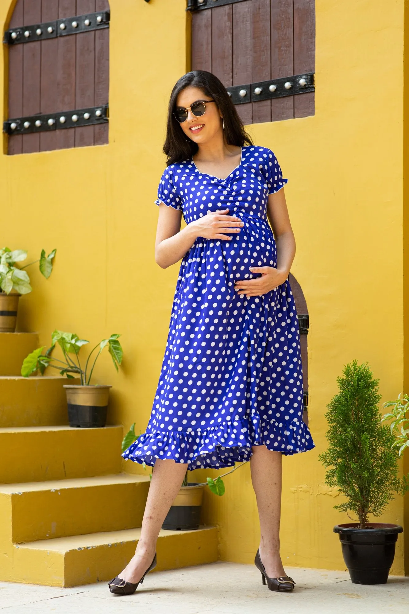 Cute Blue Polka Maternity Dress