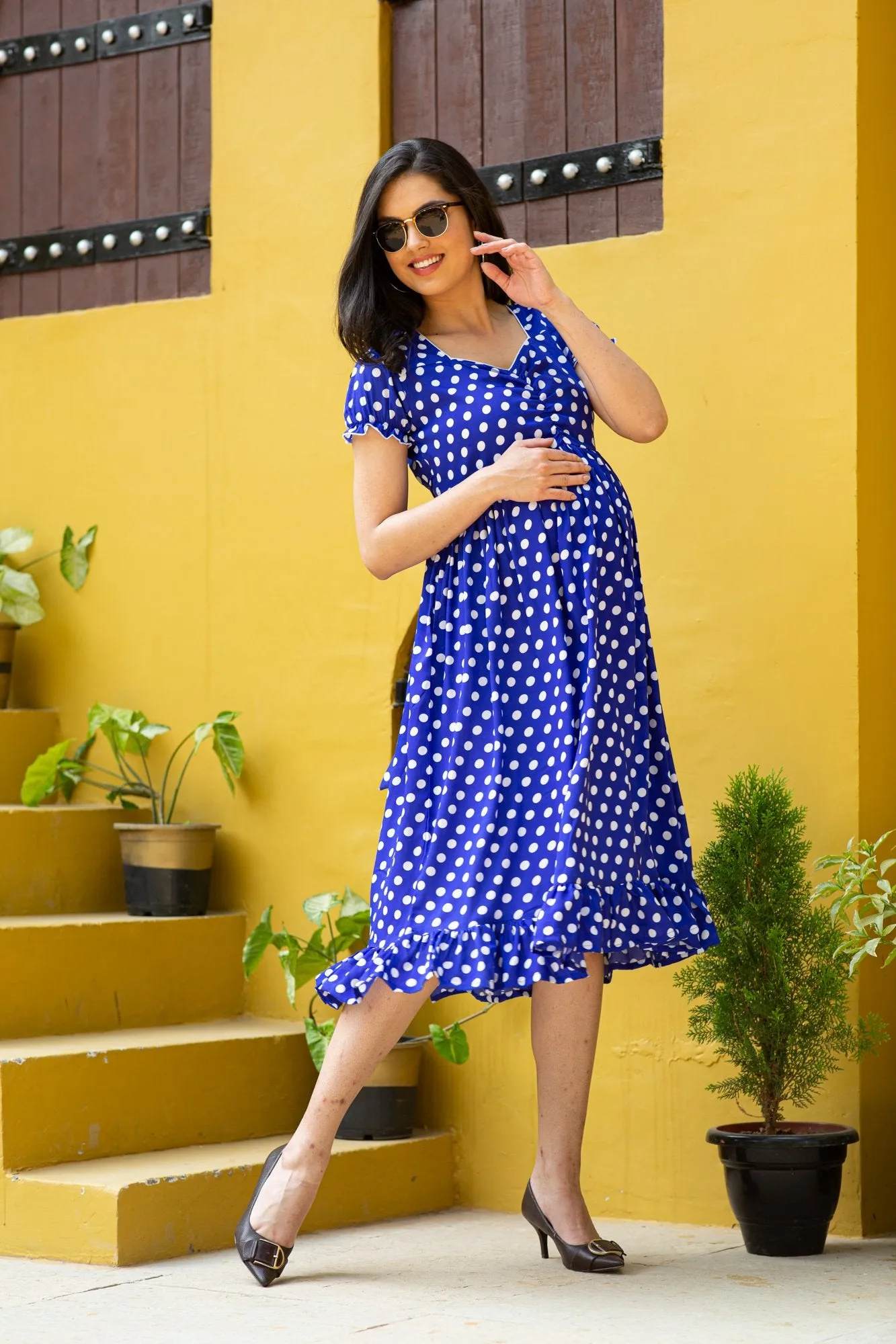 Cute Blue Polka Maternity Dress