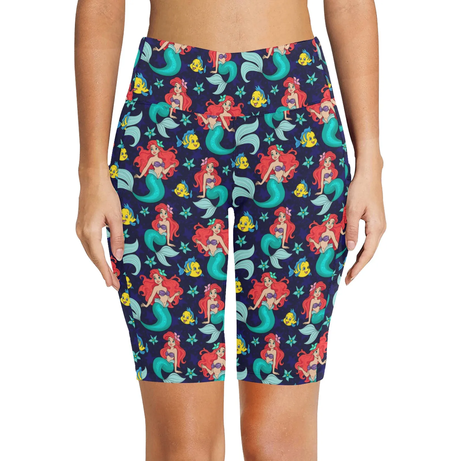 Disney Little Mermaid I Want To Be Where The People Are Women's Athletic Workout Half Tights Leggings With Side Pockets