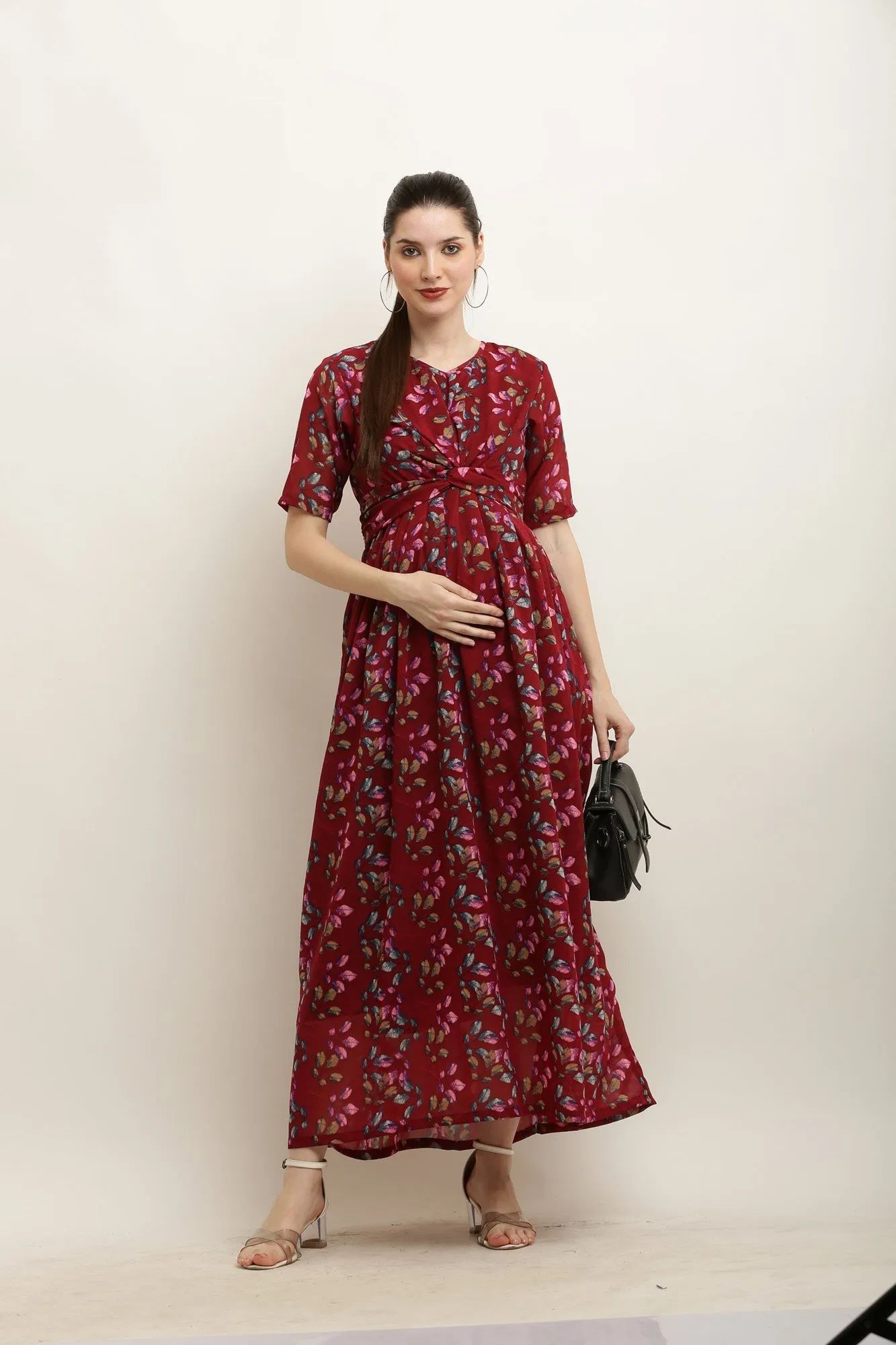 Eden Burgundy Blossom Maternity Knot Dress