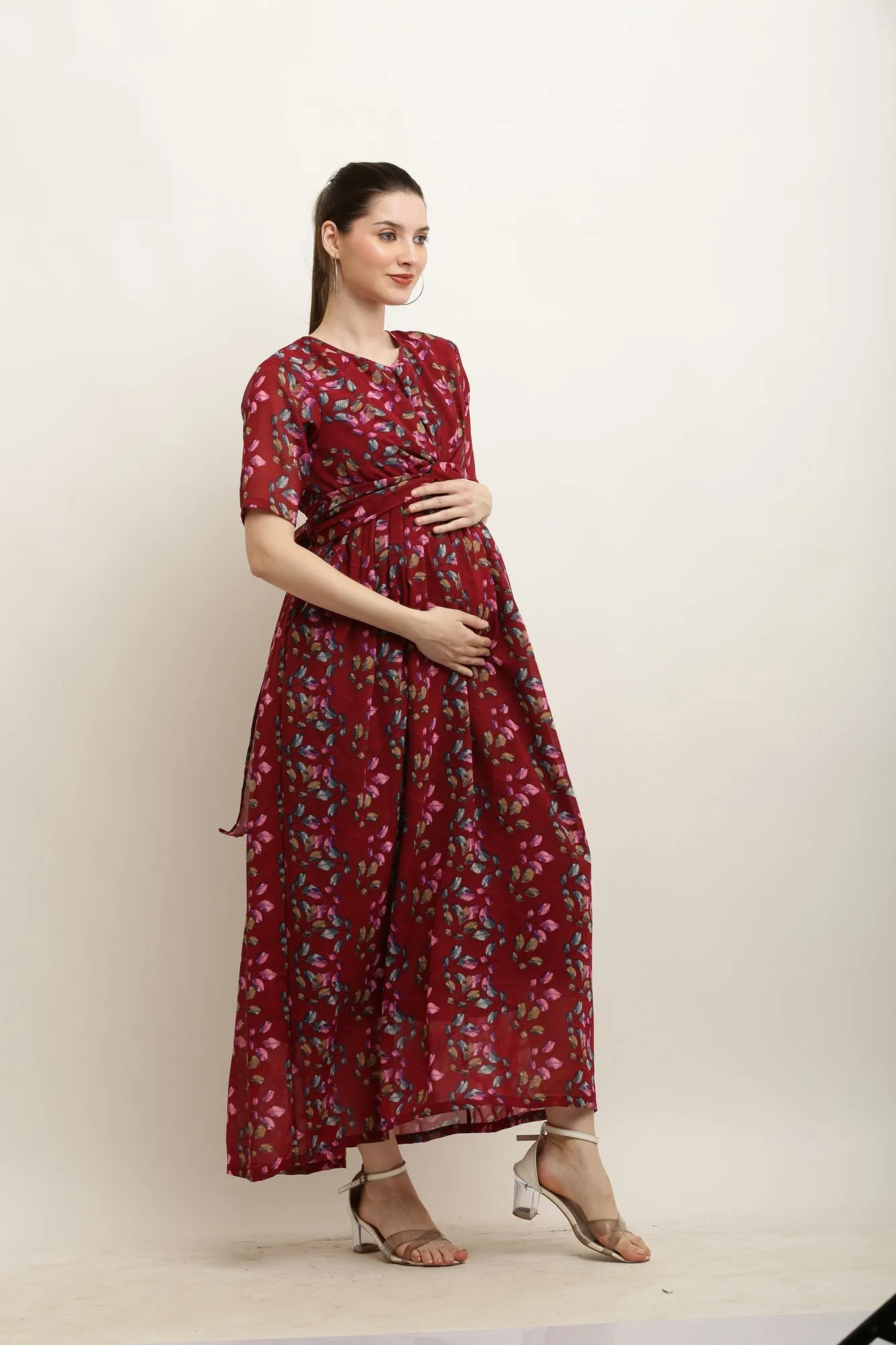 Eden Burgundy Blossom Maternity Knot Dress